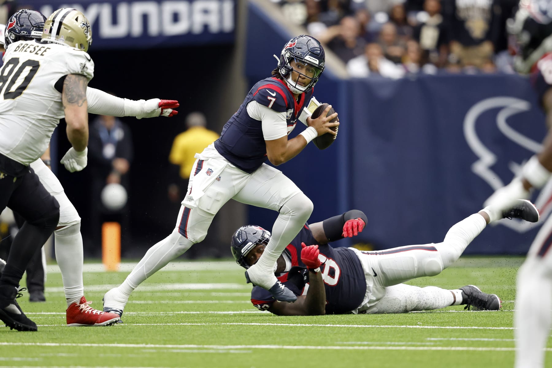 Houston Texans quarterback C.J. Stroud (7) during an NFL football game against the New Orleans Saints, Sunday, Oct. 15, 2023, in Houston. (AP Photo/Tyler Kaufman)