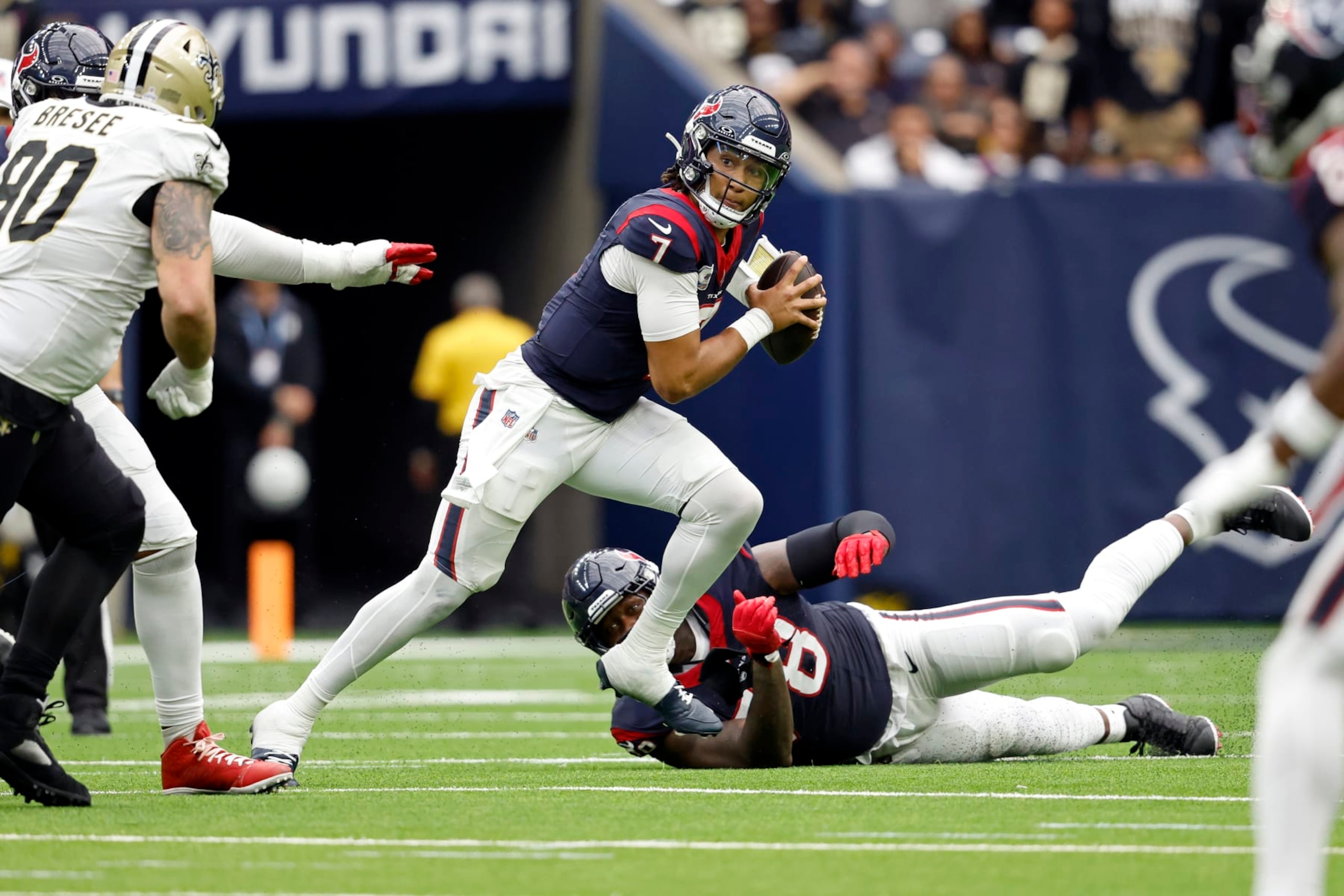 Houston Texans quarterback C.J. Stroud (7) during an NFL football game against the New Orleans Saints, Sunday, Oct. 15, 2023, in Houston. (AP Photo/Tyler Kaufman)