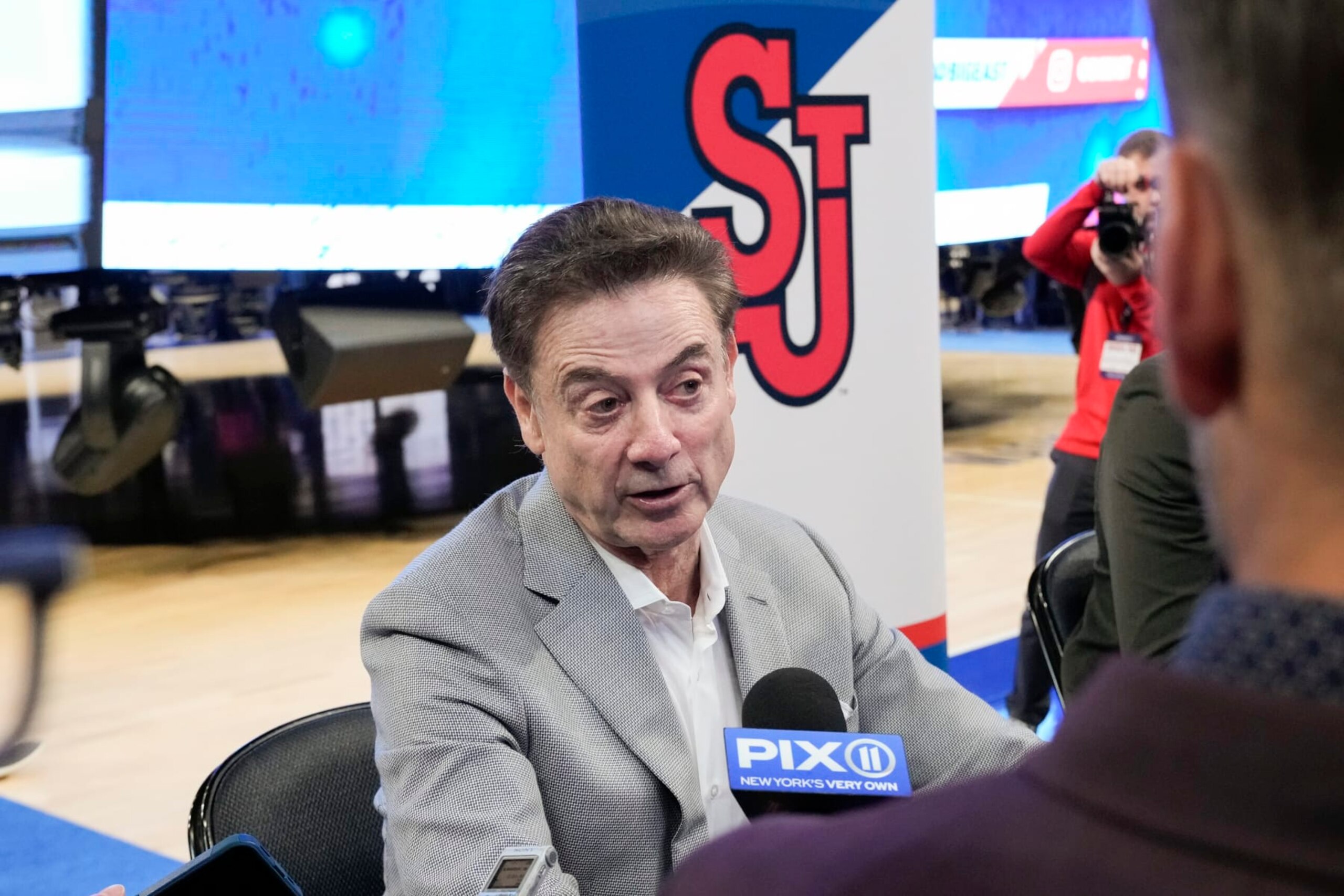 NEW YORK, NY - OCTOBER 24:  St. Johns Red Storm head coach Rick Pitino talks with reporters during Big East basketball media day at Madison Square Garden on October 24, 2023 in New York City. (Photo by Porter Binks/Getty Images)