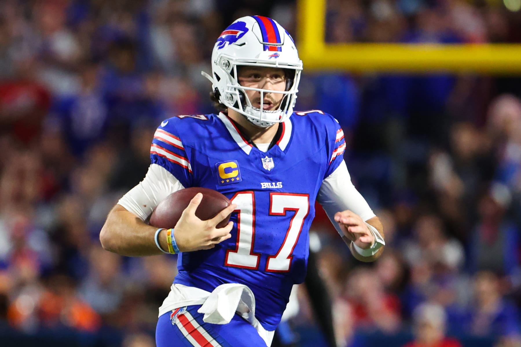ORCHARD PARK, NEW YORK - OCTOBER 26: Josh Allen #17 of the Buffalo Bills carries the ball against the Tampa Bay Buccaneers during the third quarter of the game at Highmark Stadium on October 26, 2023 in Orchard Park, New York. (Photo by Timothy T Ludwig/Getty Images)