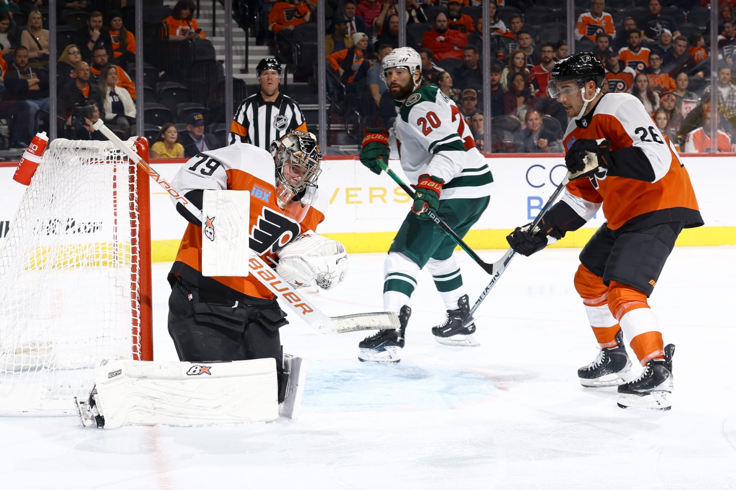 PHILADELPHIA, PENNSYLVANIA - OCTOBER 26: Carter Hart #79 of the Philadelphia Flyers makes a save during the third period against the Minnesota Wild at Wells Fargo Center on October 26, 2023 in Philadelphia, Pennsylvania. (Photo by Tim Nwachukwu/Getty Images) PHILADELPHIA, PENNSYLVANIA - OCTOBER 26: Carter Hart #79 of the Philadelphia Flyers makes a save during the third period against the Minnesota Wild at Wells Fargo Center on October 26, 2023 in Philadelphia, Pennsylvania. (Photo by Tim Nwachukwu/Getty Images)