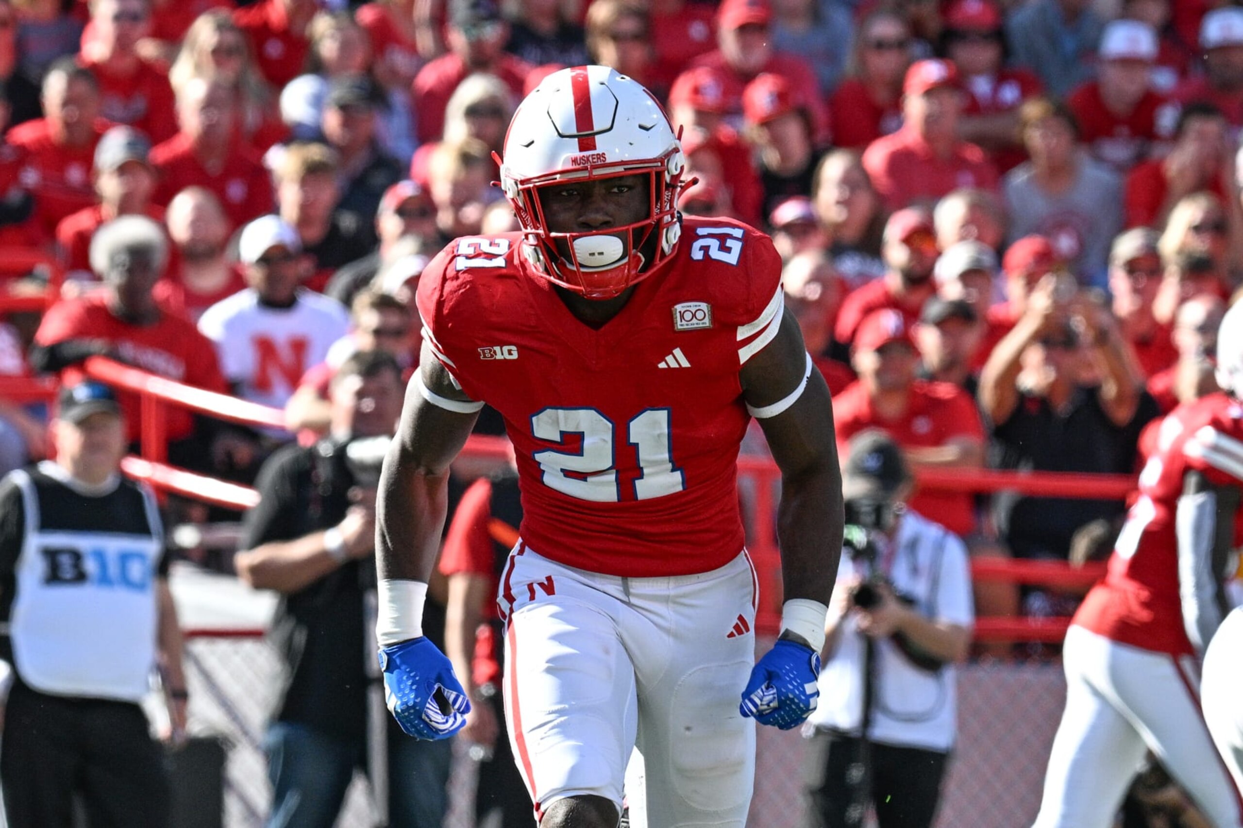 LINCOLN, NEBRASKA - OCTOBER 21: Running back Emmett Johnson #21 of the Nebraska Cornhuskers in motion against the Northwestern Wildcats in the first quarter at Memorial Stadium on October 21, 2023 in Lincoln, Nebraska. (Photo by Steven Branscombe/Getty Images)