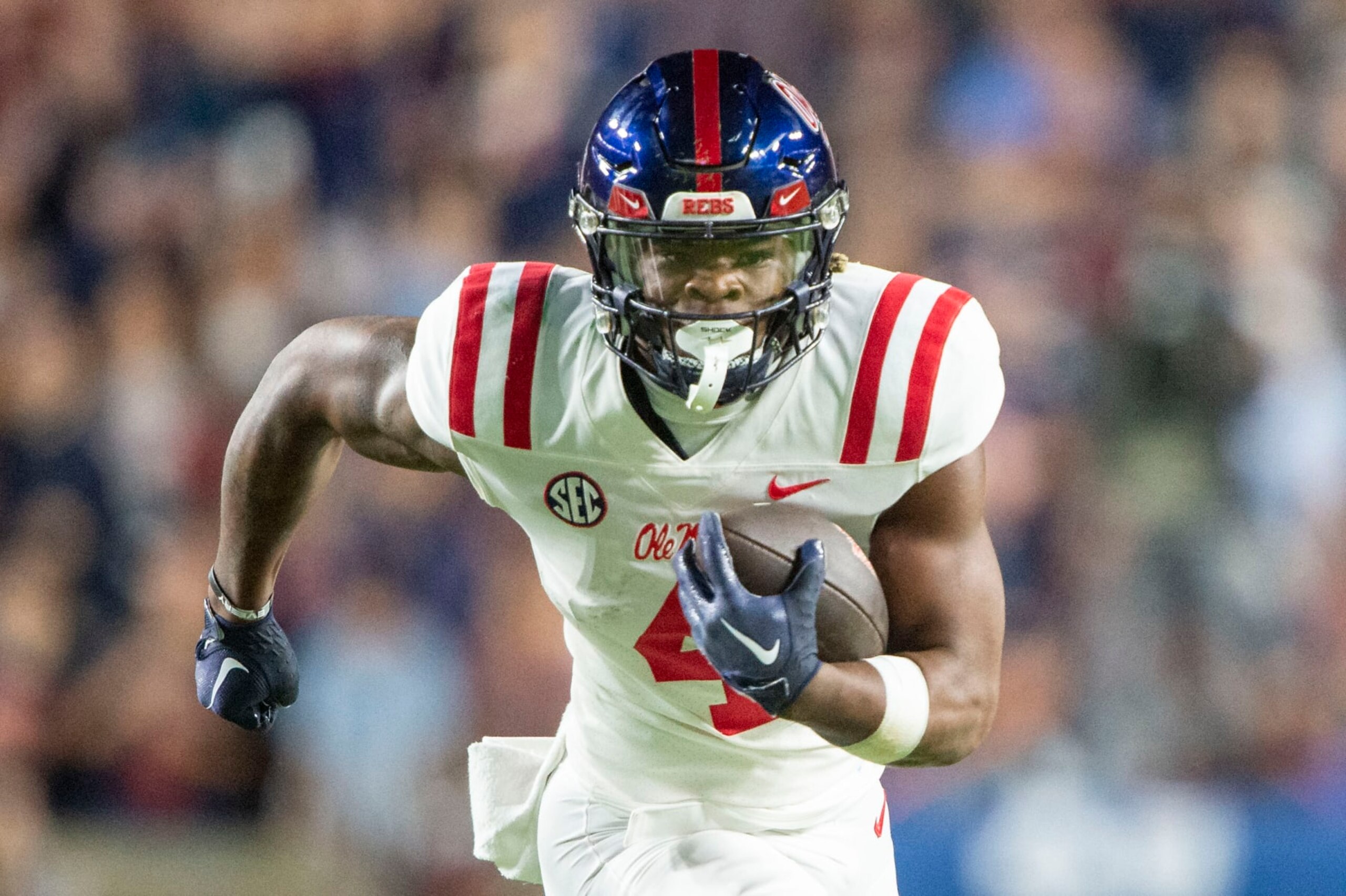 AUBURN, ALABAMA - OCTOBER 21: Running back Quinshon Judkins #4 of the Mississippi Rebels during their game against the Auburn Tigers at Jordan-Hare Stadium on October 21, 2023 in Auburn, Alabama. (Photo by Michael Chang/Getty Images)