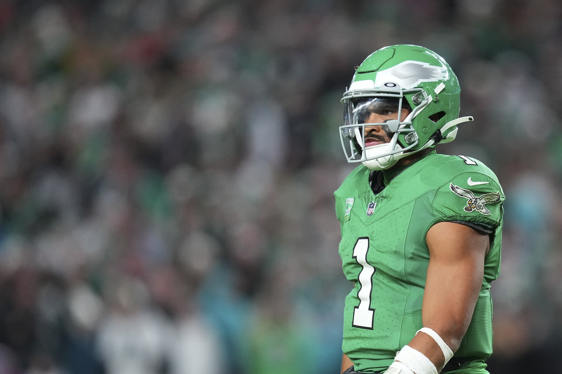 PHILADELPHIA, PENNSYLVANIA - OCTOBER 22: Jalen Hurts #1 of the Philadelphia Eagles looks on against the Miami Dolphins at Lincoln Financial Field on October 22, 2023 in Philadelphia, Pennsylvania. (Photo by Mitchell Leff/Getty Images)
