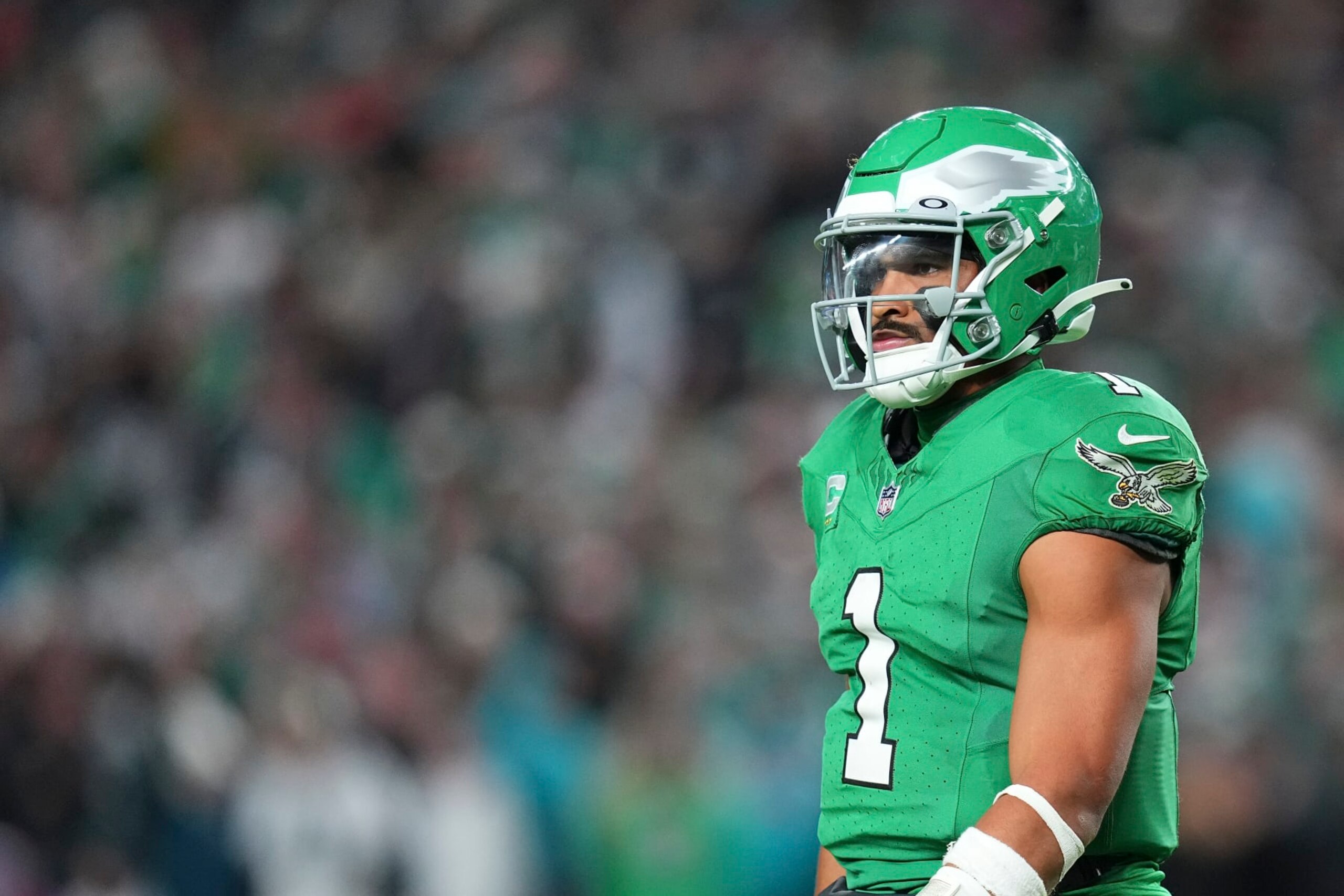 PHILADELPHIA, PENNSYLVANIA - OCTOBER 22: Jalen Hurts #1 of the Philadelphia Eagles looks on against the Miami Dolphins at Lincoln Financial Field on October 22, 2023 in Philadelphia, Pennsylvania. (Photo by Mitchell Leff/Getty Images)