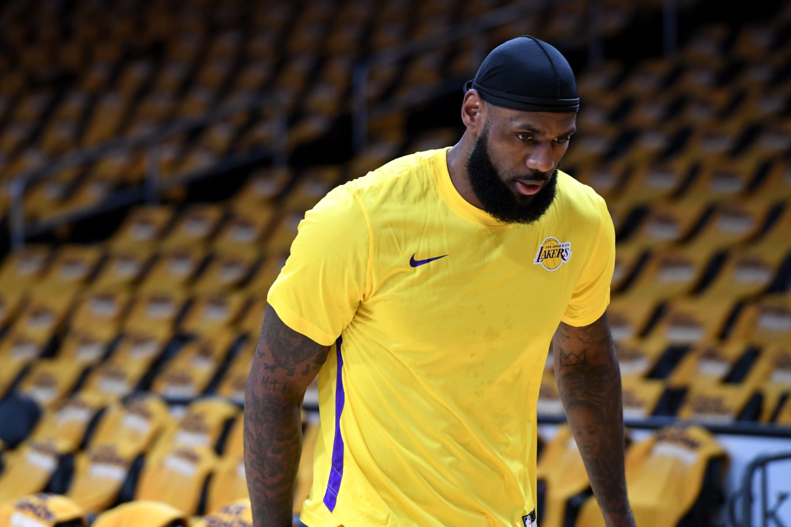 LOS ANGELES, CA - OCTOBER 26: LeBron James #23 of the Los Angeles Lakers looks on before the game against the Phoenix Suns on October 26, 2023 at Crypto.Com Arena in Los Angeles, California. NOTE TO USER: User expressly acknowledges and agrees that, by downloading and/or using this Photograph, user is consenting to the terms and conditions of the Getty Images License Agreement. Mandatory Copyright Notice: Copyright 2023 NBAE (Photo by Andrew D. Bernstein/NBAE via Getty Images) LOS ANGELES, CA - OCTOBER 26: LeBron James #23 of the Los Angeles Lakers looks on before the game against the Phoenix Suns on October 26, 2023 at Crypto.Com Arena in Los Angeles, California. NOTE TO USER: User expressly acknowledges and agrees that, by downloading and/or using this Photograph, user is consenting to the terms and conditions of the Getty Images License Agreement. Mandatory Copyright Notice: Copyright 2023 NBAE (Photo by Andrew D. Bernstein/NBAE via Getty Images)