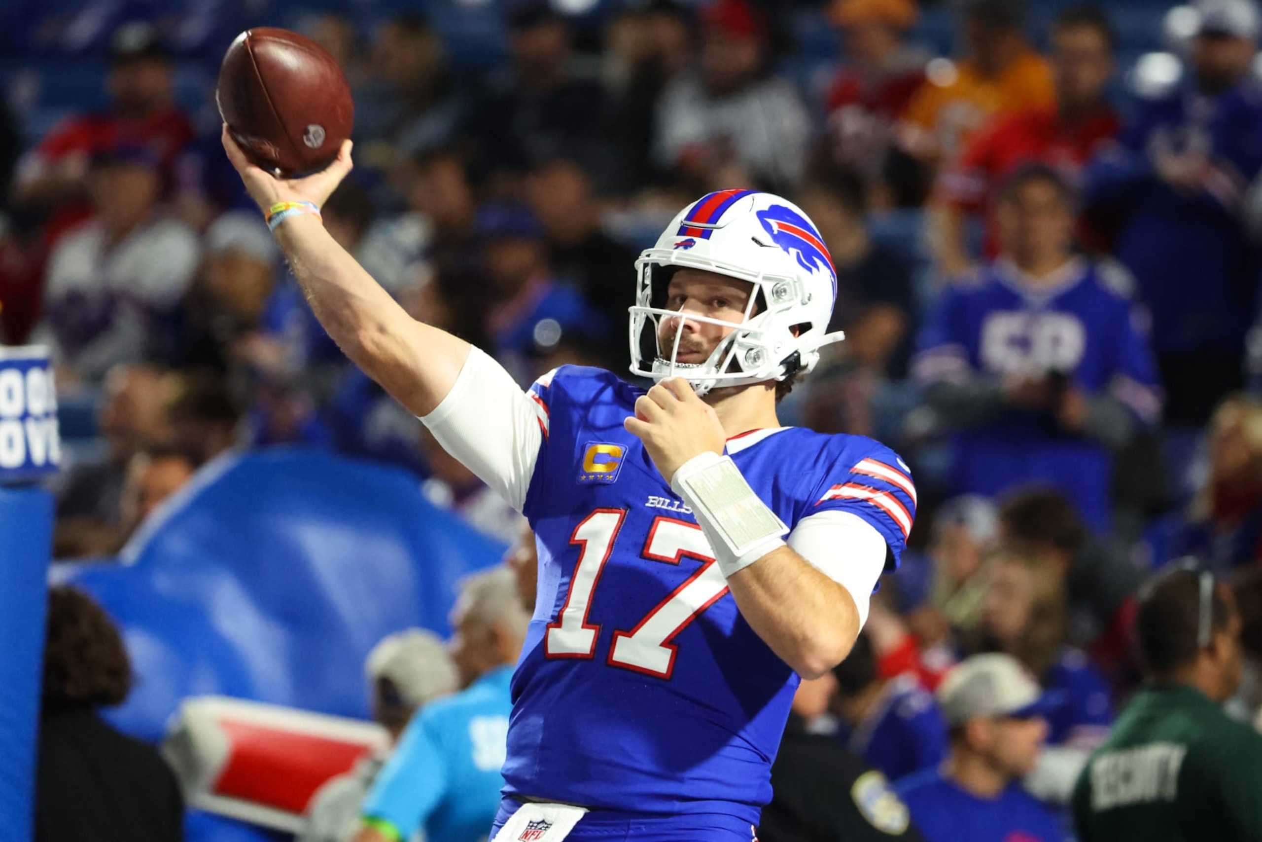 ORCHARD PARK, NEW YORK - OCTOBER 26: Josh Allen #17 of the Buffalo Bills warms up prior to a game against the Tampa Bay Buccaneers at Highmark Stadium on October 26, 2023 in Orchard Park, New York. (Photo by Timothy T Ludwig/Getty Images)