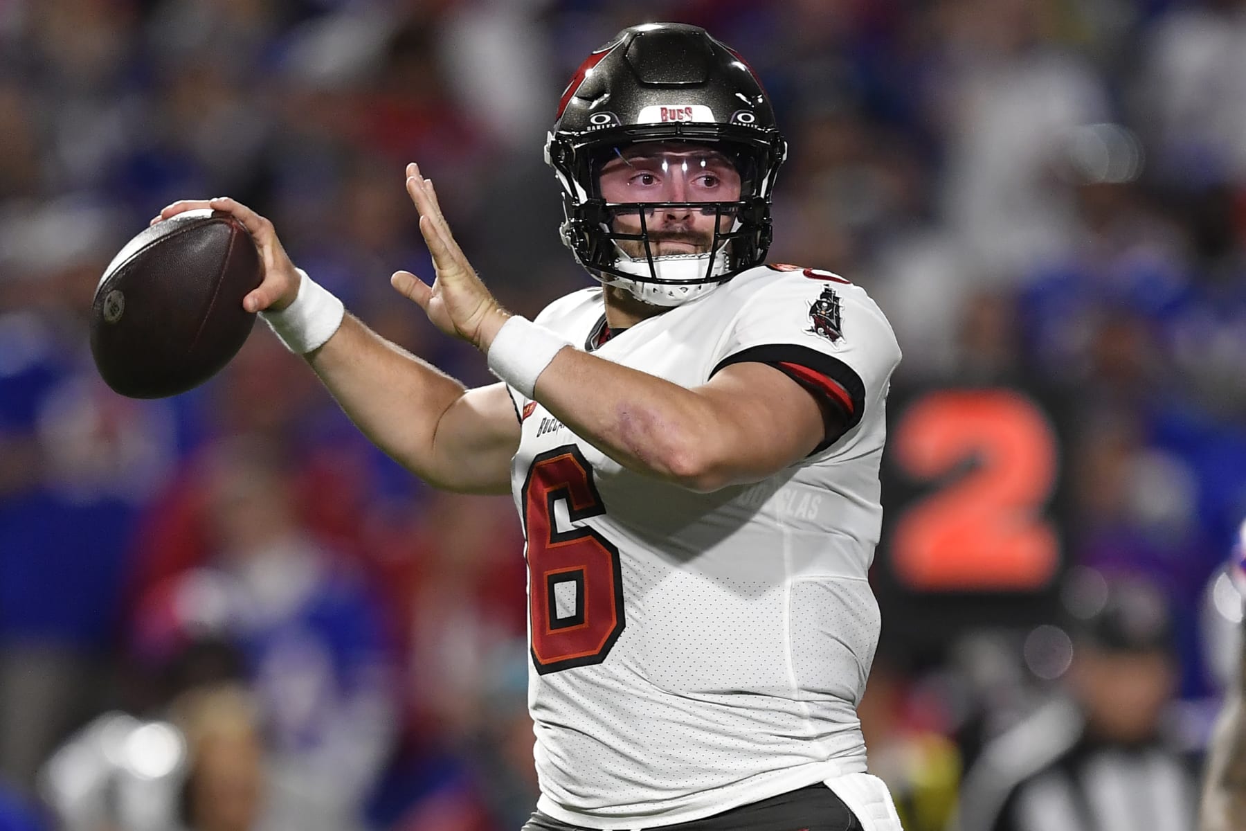 Tampa Bay Buccaneers quarterback Baker Mayfield (6) throws in the first half of an NFL football game against the Buffalo Bills, Thursday, Oct. 26, 2023, in Orchard Park, N.Y. (AP Photo/Adrian Kraus)