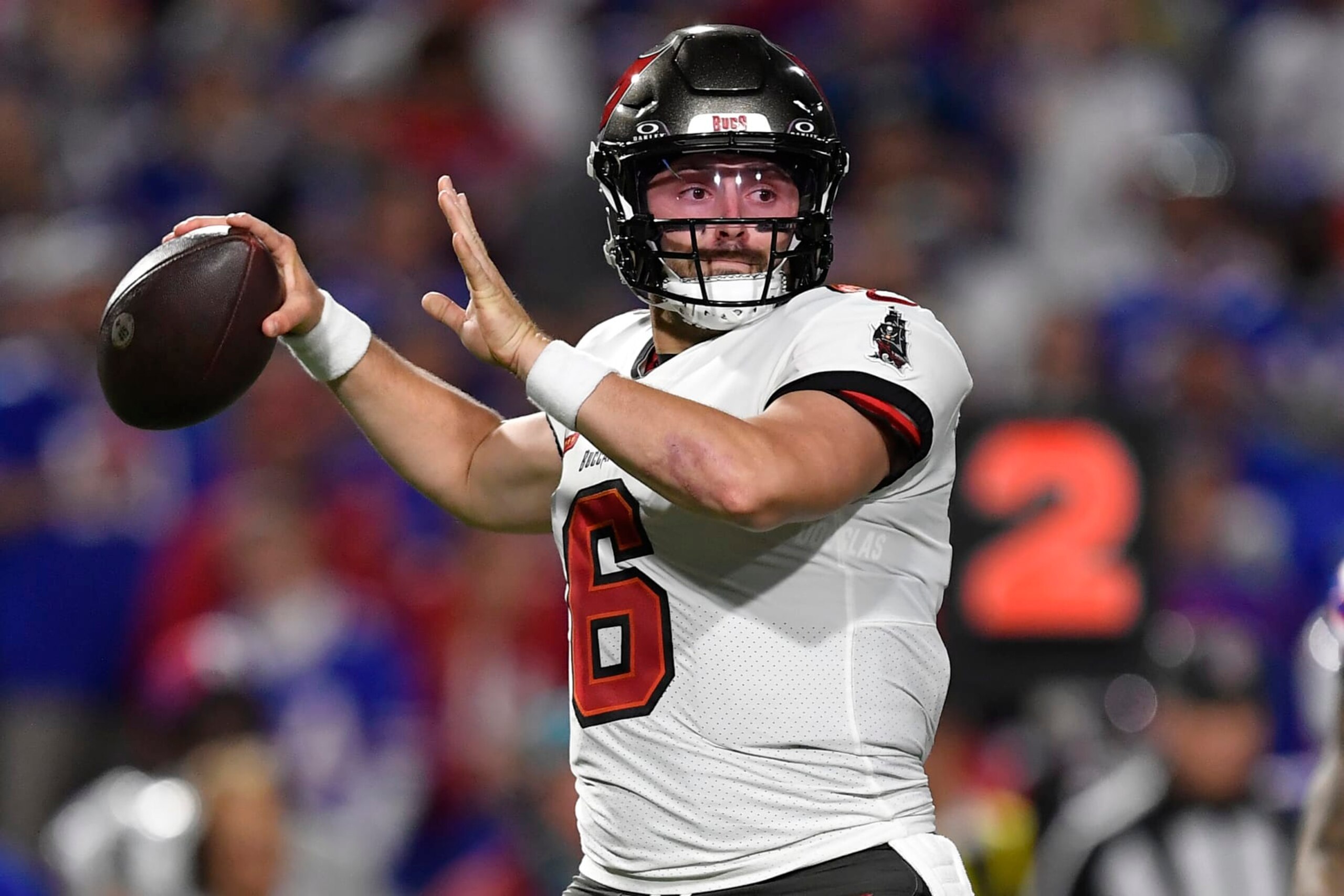 Tampa Bay Buccaneers quarterback Baker Mayfield (6) throws in the first half of an NFL football game against the Buffalo Bills, Thursday, Oct. 26, 2023, in Orchard Park, N.Y. (AP Photo/Adrian Kraus)