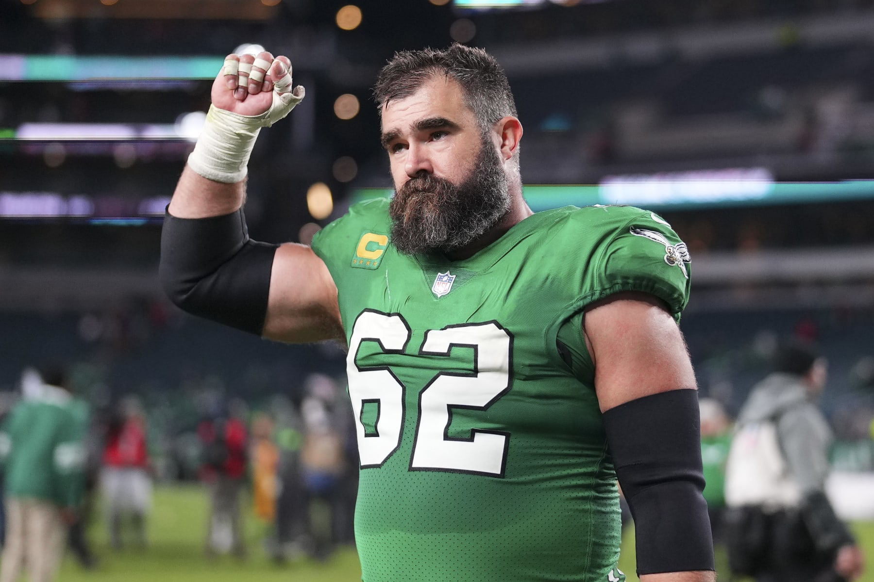 PHILADELPHIA, PENNSYLVANIA - OCTOBER 22: Jason Kelce #62 of the Philadelphia Eagles reacts after the game against the Miami Dolphins at Lincoln Financial Field on October 22, 2023 in Philadelphia, Pennsylvania. (Photo by Mitchell Leff/Getty Images)