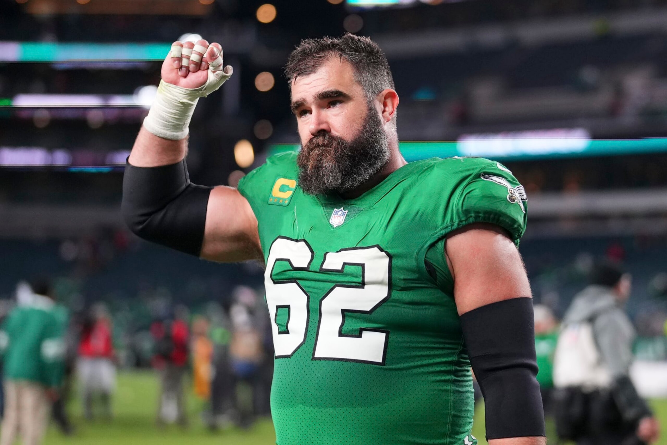 PHILADELPHIA, PENNSYLVANIA - OCTOBER 22: Jason Kelce #62 of the Philadelphia Eagles reacts after the game against the Miami Dolphins at Lincoln Financial Field on October 22, 2023 in Philadelphia, Pennsylvania. (Photo by Mitchell Leff/Getty Images)