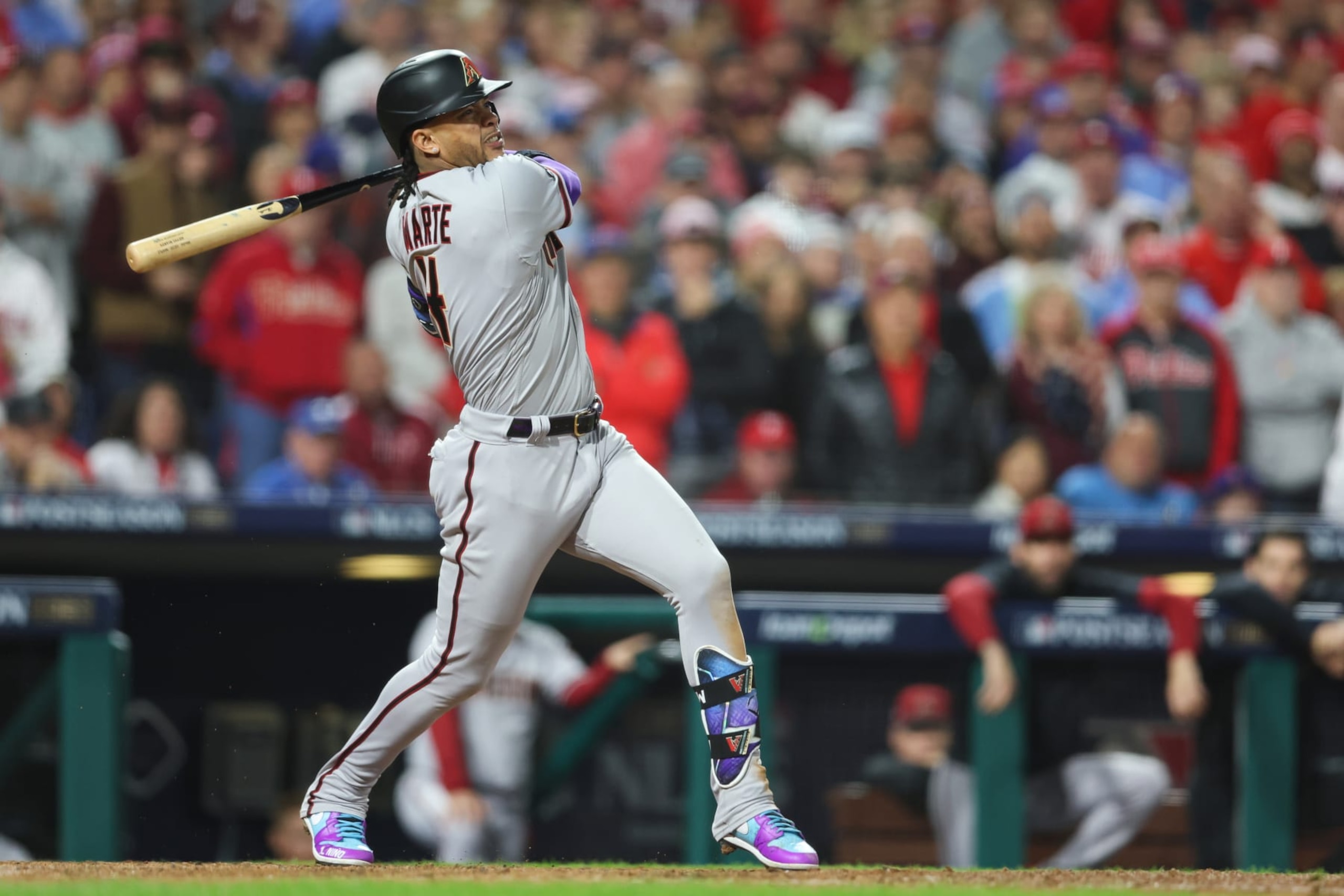 PHILADELPHIA, PA - OCTOBER 24: Ketel Marte #4 of the Arizona Diamondbacks hits a RBI double in the seventh inning during Game 7 of the NLCS between the Arizona Diamondbacks and the Philadelphia Phillies at Citizens Bank Park on Tuesday, October 24, 2023 in Philadelphia, Pennsylvania. (Photo by Rob Tringali/MLB Photos via Getty Images)