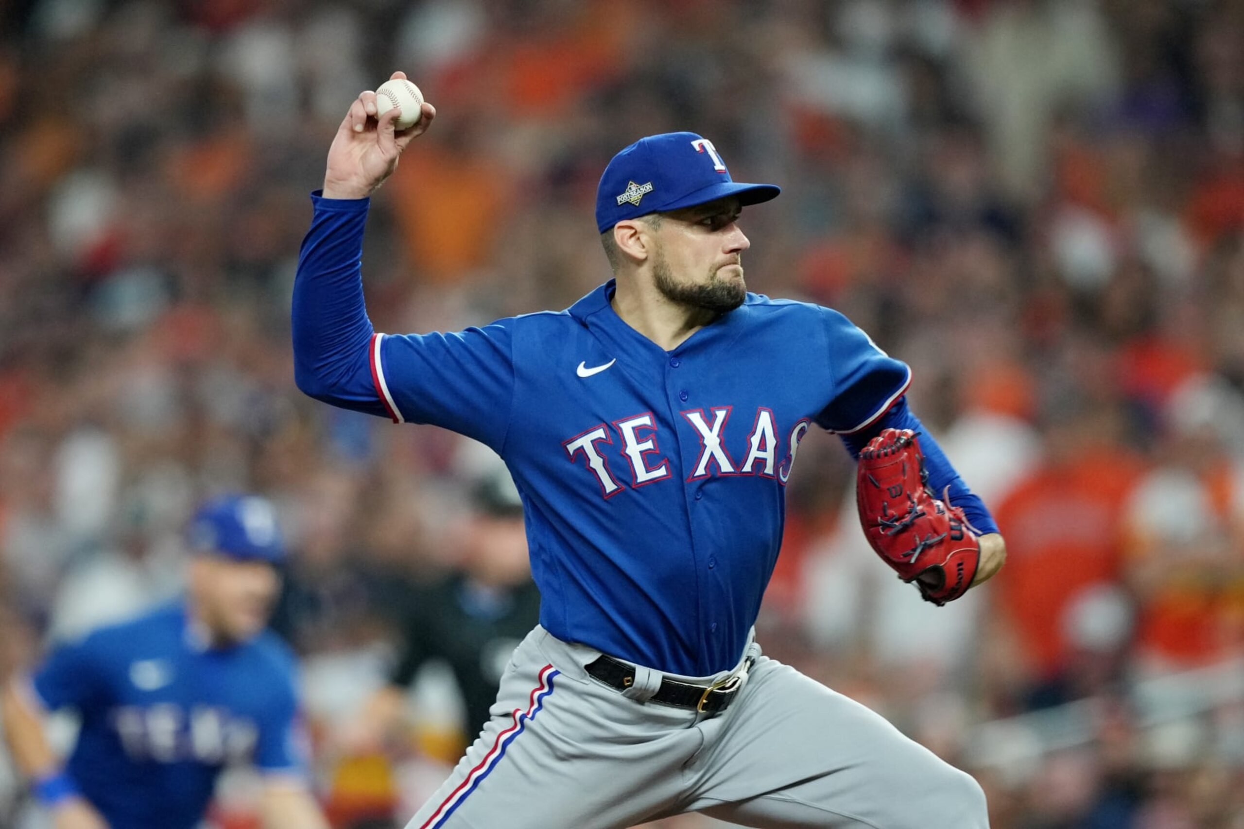 HOUSTON, TX - OCTOBER 22:  Nathan Eovaldi #17 of the Texas Rangers pitches during Game 6 of the ALCS between the Texas Rangers and the Houston Astros at Minute Maid Park on Sunday, October 22, 2023 in Houston, Texas. (Photo by Alex Bierens de Haan/MLB Photos via Getty Images)