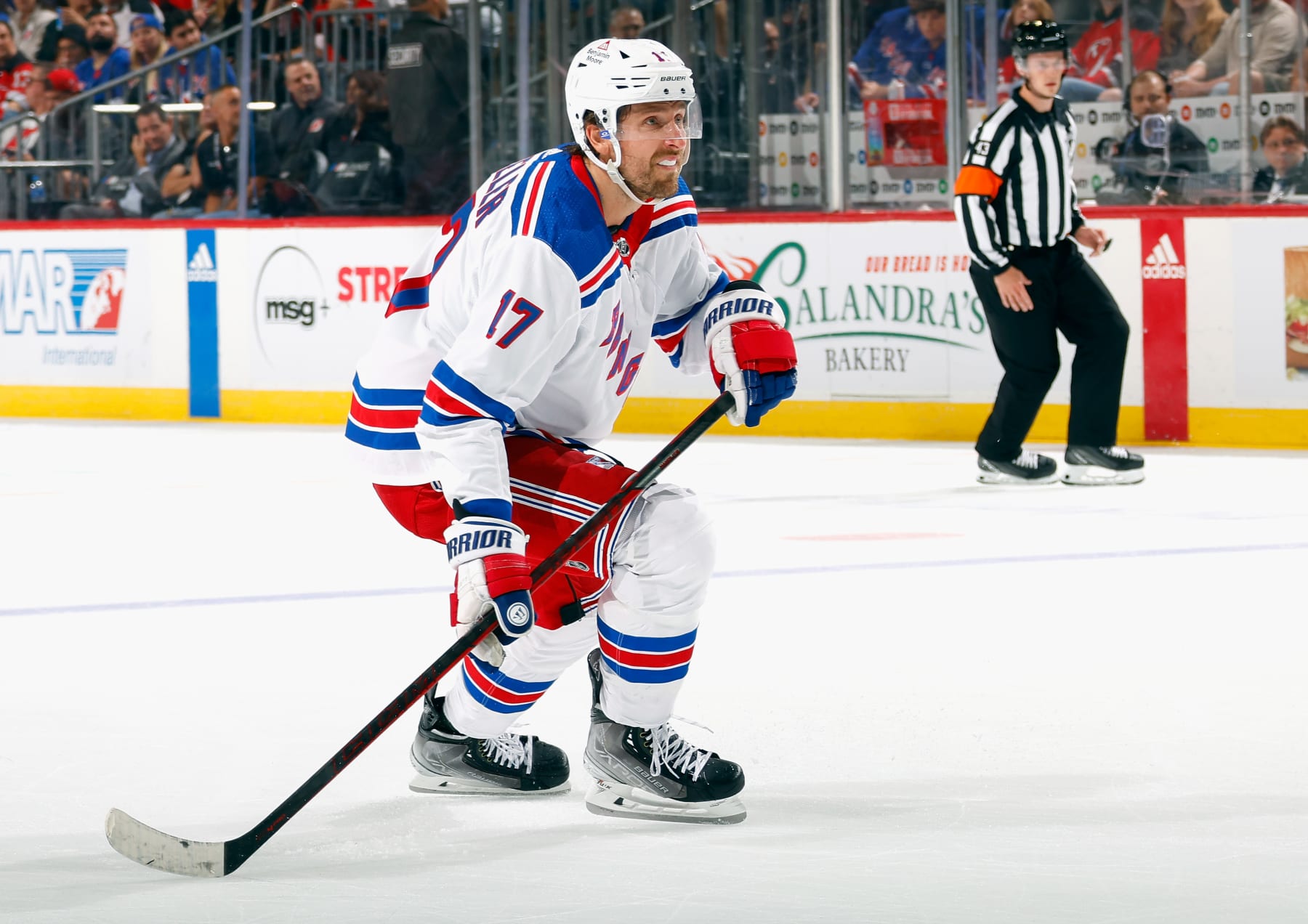 NEWARK, NEW JERSEY - OCTOBER 04: Blake Wheeler #17 of New York Rangers skates against the New Jersey Devils at Prudential Center on October 04, 2023 in Newark, New Jersey. (Photo by Bruce Bennett/Getty Images)