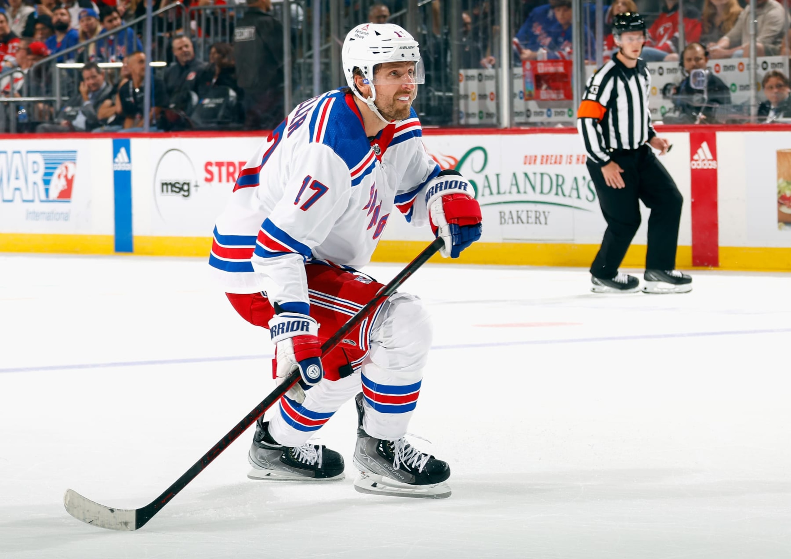 NEWARK, NEW JERSEY - OCTOBER 04: Blake Wheeler #17 of New York Rangers skates against the New Jersey Devils at Prudential Center on October 04, 2023 in Newark, New Jersey. (Photo by Bruce Bennett/Getty Images)