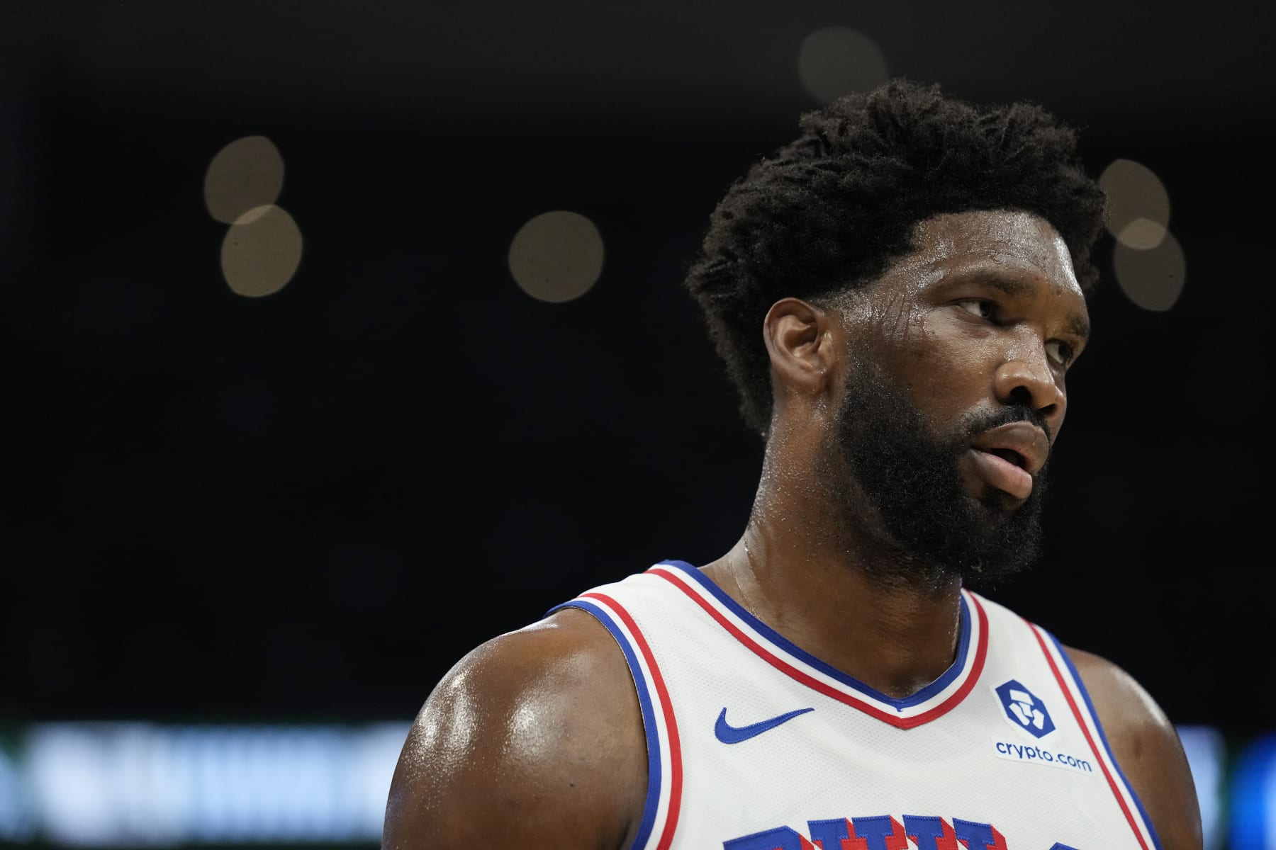 MILWAUKEE, WISCONSIN - OCTOBER 26: Joel Embiid #21 of the Philadelphia 76ers looks on against the Milwaukee Bucks in the first half at Fiserv Forum on October 26, 2023 in Milwaukee, Wisconsin. NOTE TO USER: User expressly acknowledges and agrees that, by downloading and or using this photograph, User is consenting to the terms and conditions of the Getty Images License Agreement. (Photo by Patrick McDermott/Getty Images)