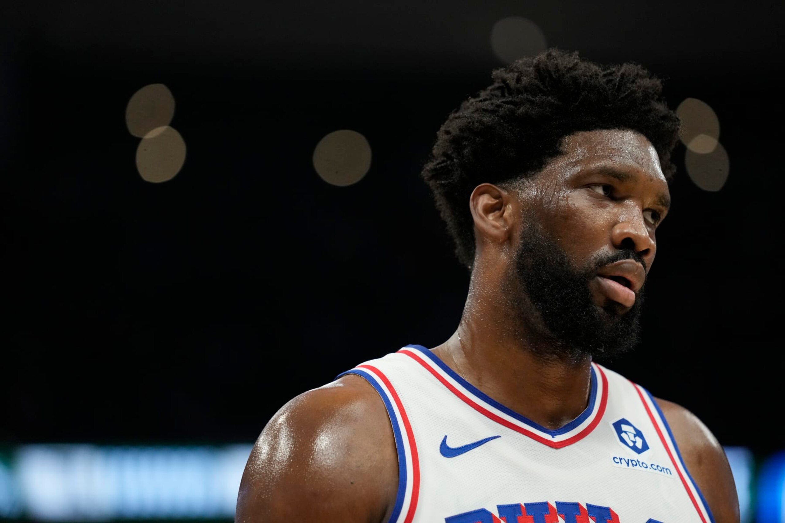 MILWAUKEE, WISCONSIN - OCTOBER 26: Joel Embiid #21 of the Philadelphia 76ers looks on against the Milwaukee Bucks in the first half at Fiserv Forum on October 26, 2023 in Milwaukee, Wisconsin. NOTE TO USER: User expressly acknowledges and agrees that, by downloading and or using this photograph, User is consenting to the terms and conditions of the Getty Images License Agreement. (Photo by Patrick McDermott/Getty Images)