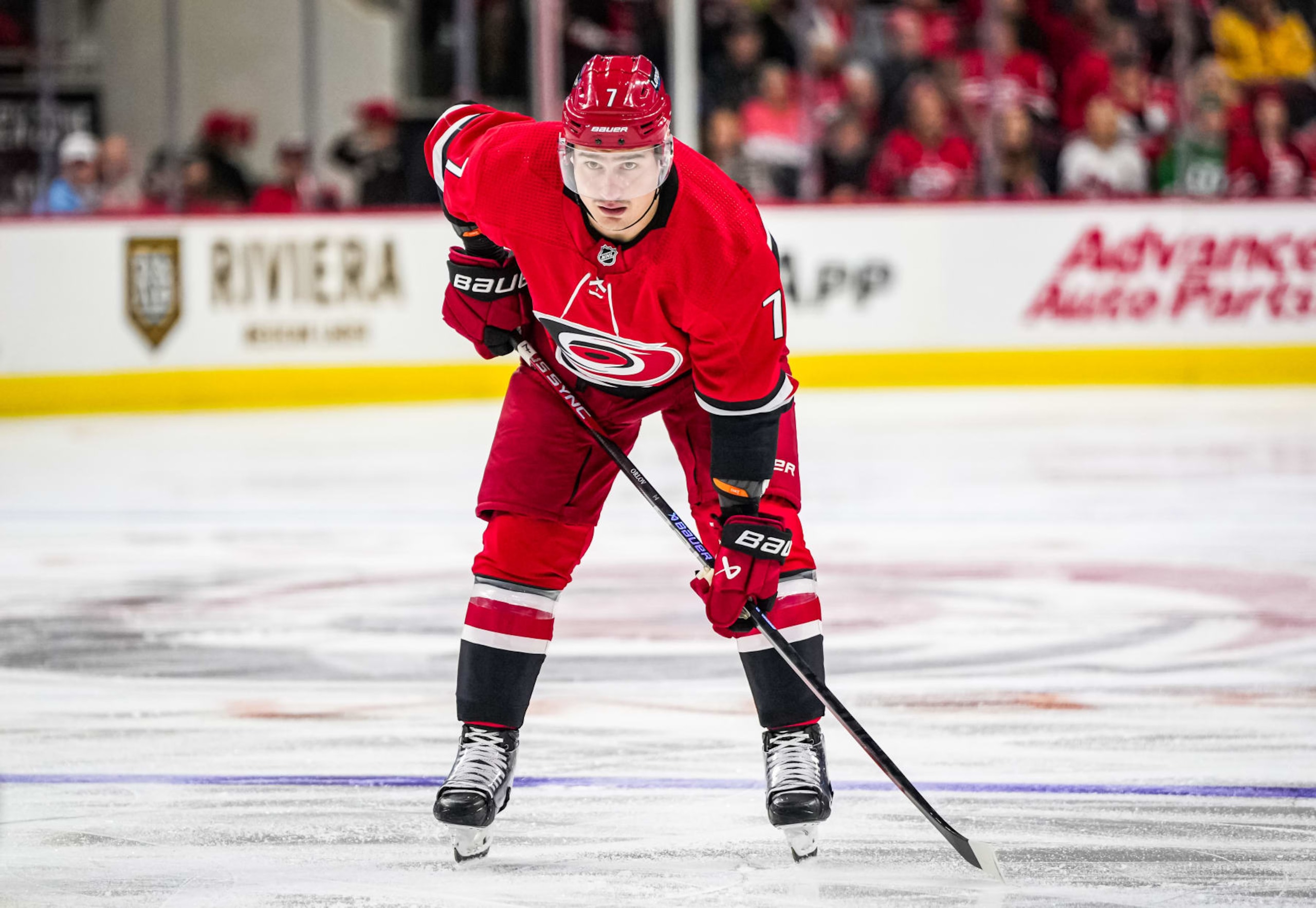 RALEIGH, NORTH CAROLINA - OCTOBER 26: Dmitry Orlov #7 of the Carolina Hurricanes lines up during the first period against the Seattle Kraken at PNC Arena on October 26, 2023 in Raleigh, North Carolina. (Photo by Josh Lavallee/NHLI via Getty Images)