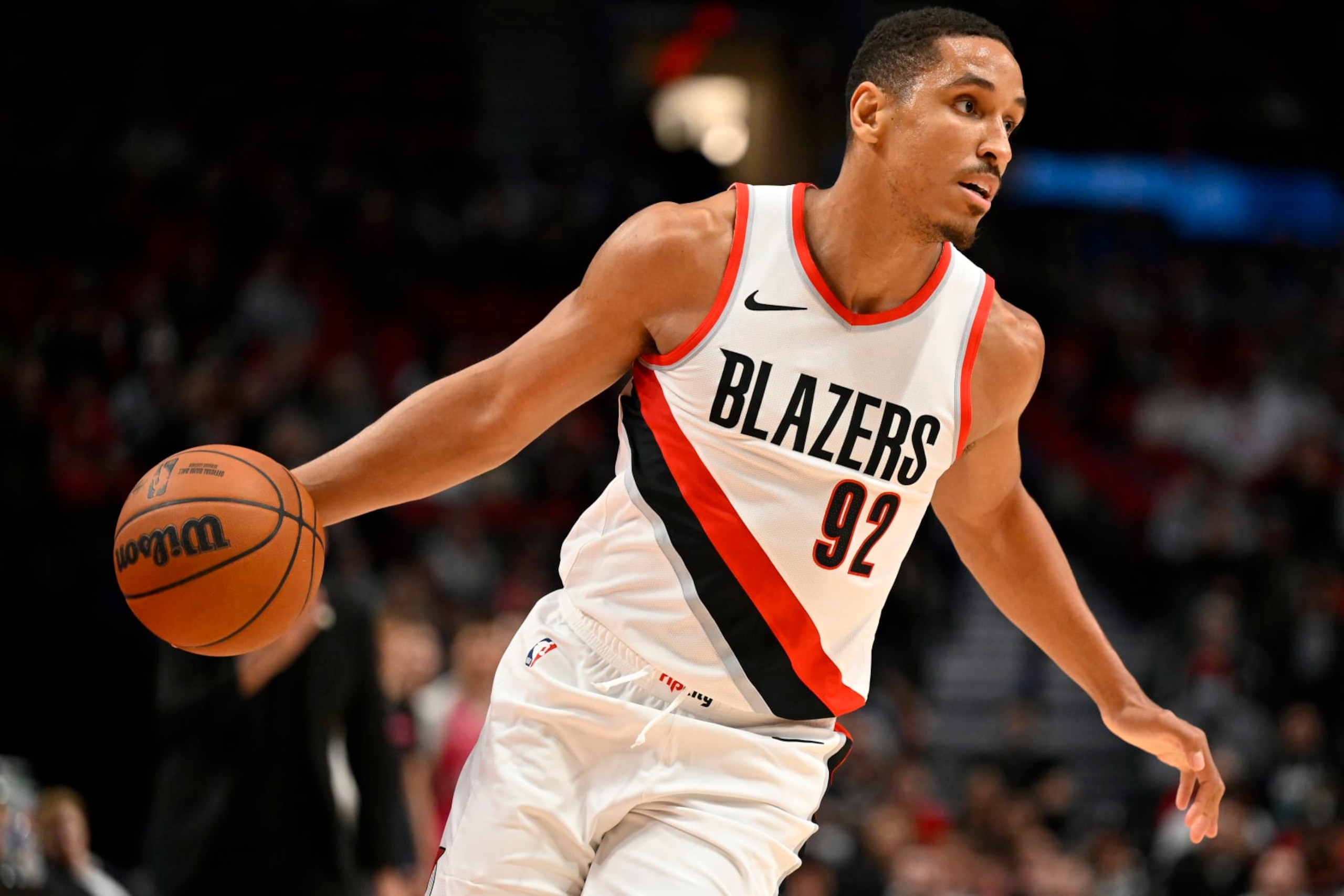PORTLAND, OREGON - OCTOBER 10: Malcolm Brogdon #92 of the Portland Trail Blazers in action during the second quarter of the exhibition game against the New Zealand Breakers at Moda Center on October 10, 2023 in Portland, Oregon. The Portland Trail Blazers won 106-66. NOTE TO USER: User expressly acknowledges and agrees that, by downloading and or using this Photograph, user is consenting to the terms and conditions of the Getty Images License Agreement.  (Photo by Alika Jenner/Getty Images)