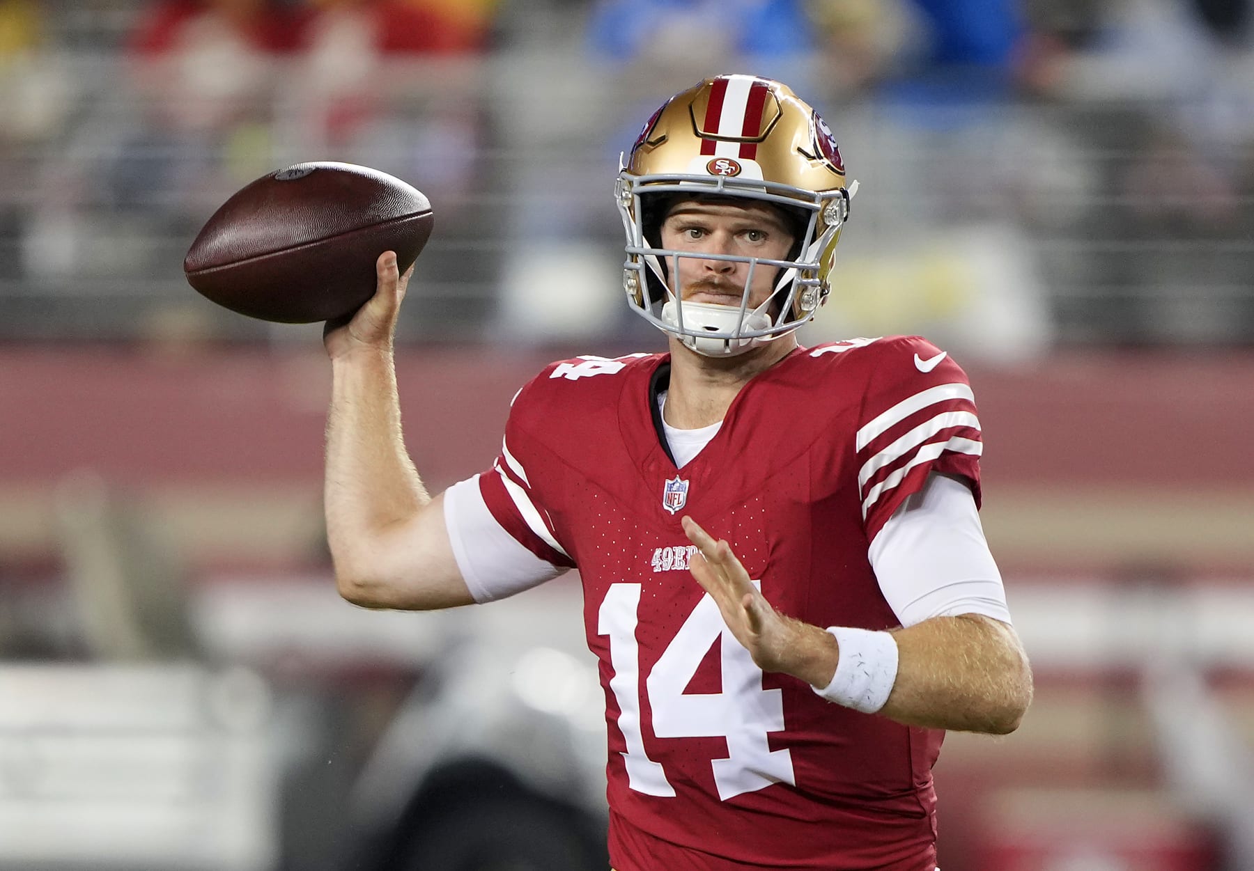 SANTA CLARA, CALIFORNIA - AUGUST 25: Sam Darnold #14 of the San Francisco 49ers drops back to pass against the Los Angeles Chargers during the second quarter of a preseason game at Levi's Stadium on August 25, 2023 in Santa Clara, California. (Photo by Thearon W. Henderson/Getty Images)