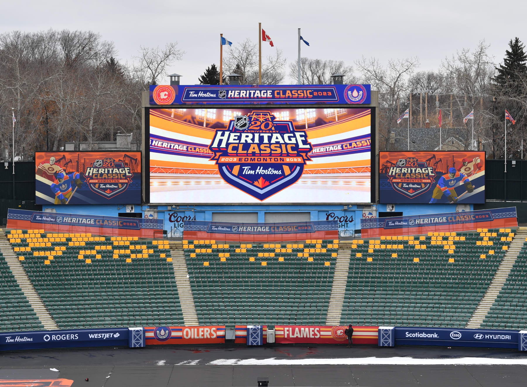 EDMONTON, CANADA - OCTOBER 26: A view of the scoreclock at Commonwealth Stadium in advance of the 2023 Tim Hortons NHL Heritage Classic on October 26, 2023, in Edmonton, Alberta, Canada. (Photo by Andy Devlin/NHLI via Getty Images)