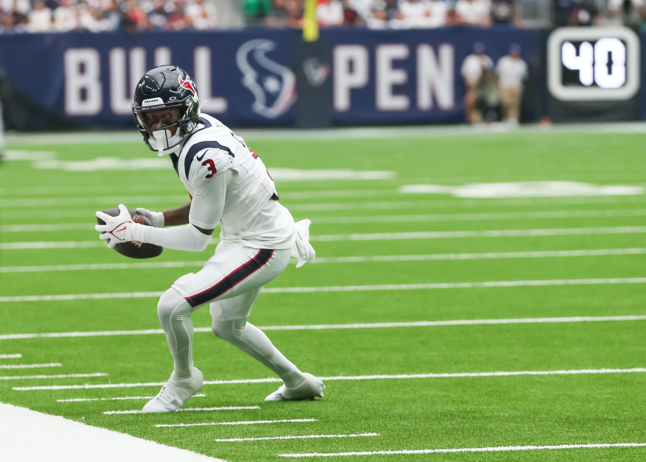 HOUSTON, TX - SEPTEMBER 17:  Houston Texans wide receiver Tank Dell (3) carries the ball in the third quarter  during the NFL game between the Indianapolis Colts and Houston Texans on September 17, 2023 at NRG Stadium in Houston, Texas.  (Photo by Leslie Plaza Johnson/Icon Sportswire via Getty Images)