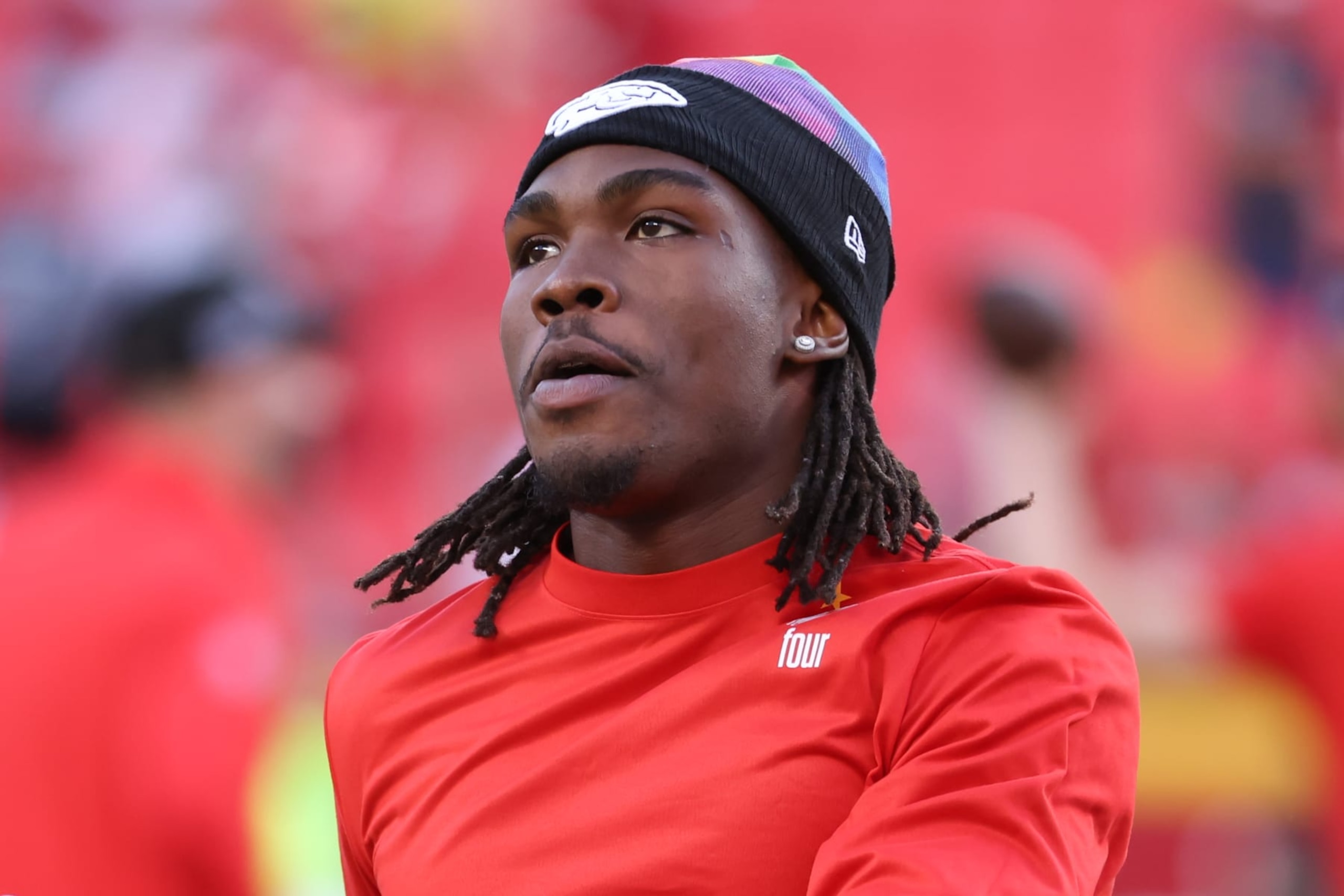 KANSAS CITY, MO - OCTOBER 12: Kansas City Chiefs wide receiver Rashee Rice (4) before an AFC West matchup between the Denver Broncos and Kansas City Chiefs on Oct 12, 2023 at GEHA Field at Arrowhead Stadium in Kansas City, MO.  (Photo by Scott Winters/Icon Sportswire via Getty Images)