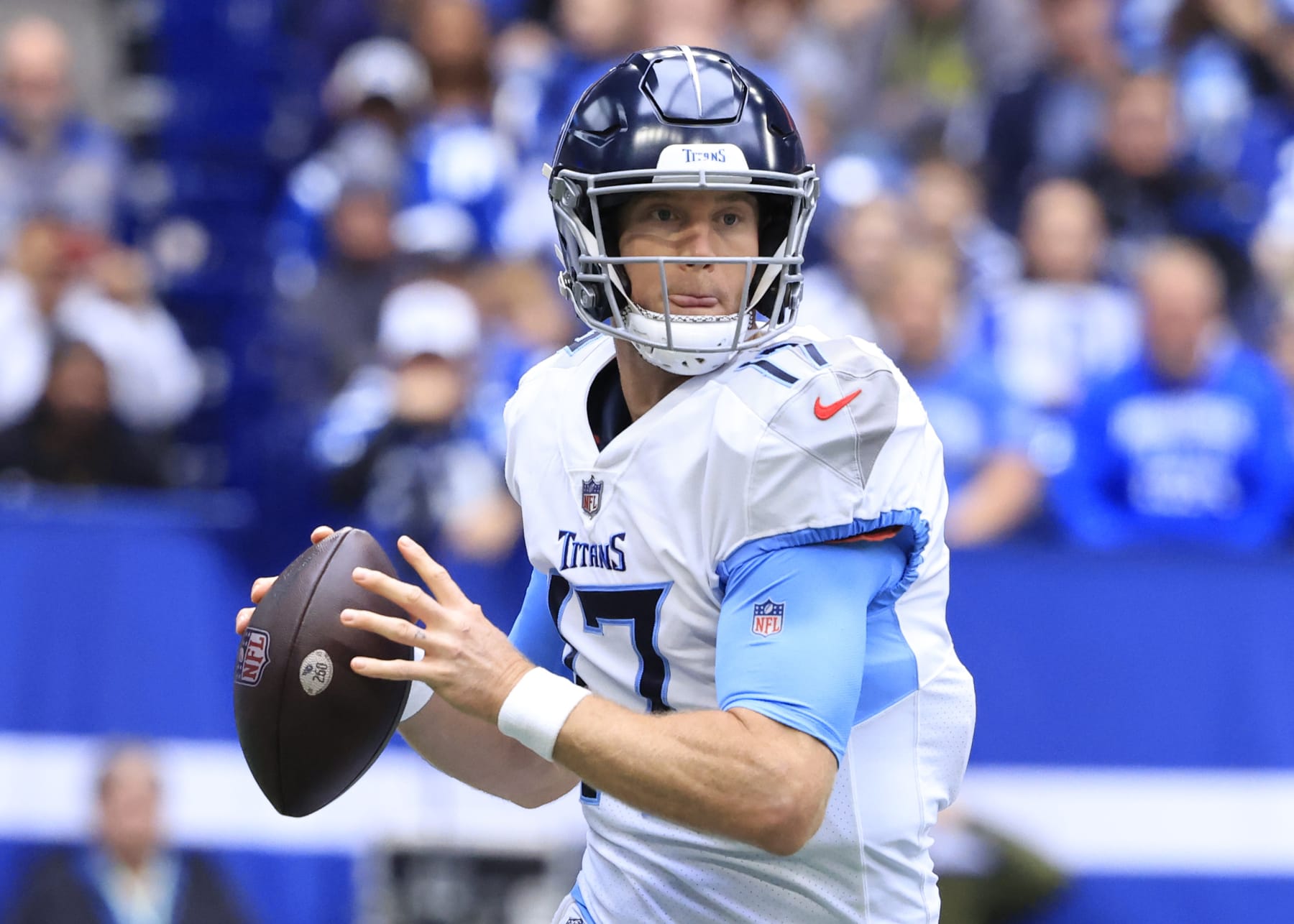 INDIANAPOLIS, INDIANA - OCTOBER 08: Ryan Tannehill #17 of the Tennessee Titans throws the ball in the game against the Indianapolis Colts at Lucas Oil Stadium on October 08, 2023 in Indianapolis, Indiana. (Photo by Justin Casterline/Getty Images)
