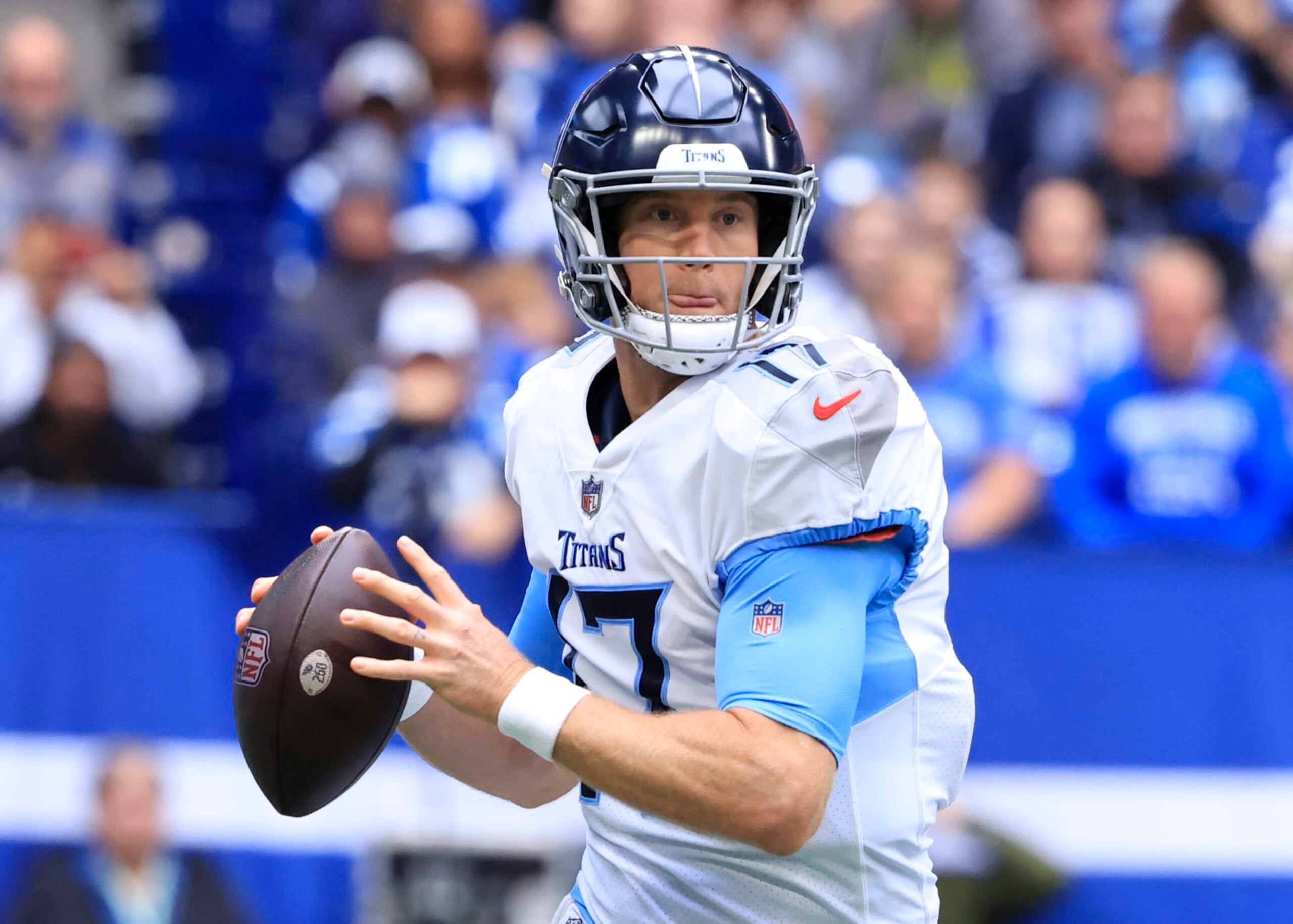 INDIANAPOLIS, INDIANA - OCTOBER 08: Ryan Tannehill #17 of the Tennessee Titans throws the ball in the game against the Indianapolis Colts at Lucas Oil Stadium on October 08, 2023 in Indianapolis, Indiana. (Photo by Justin Casterline/Getty Images)