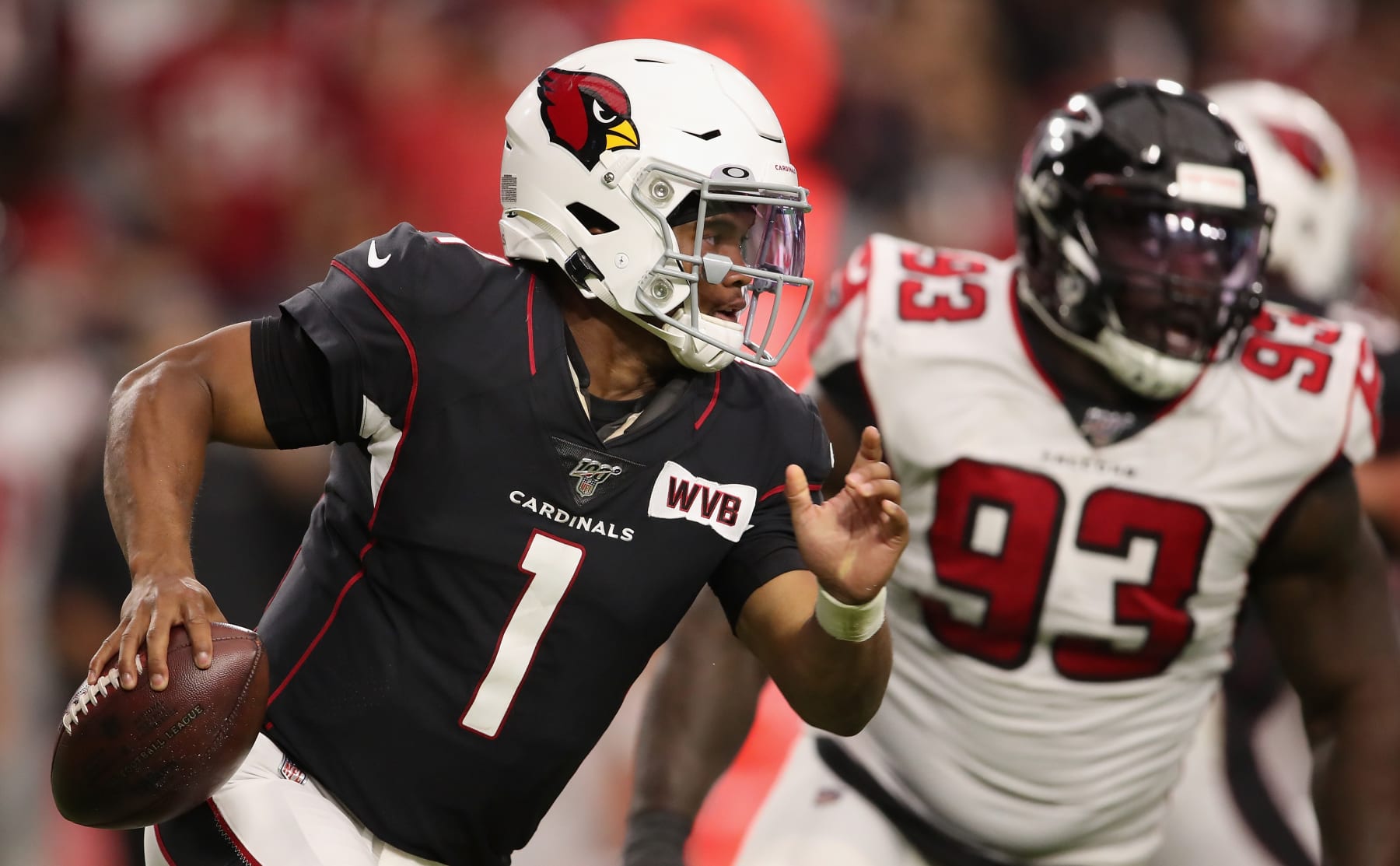 GLENDALE, ARIZONA - OCTOBER 13:  Quarterback Kyler Murray #1 of the Arizona Cardinals scrambles with the football during the NFL game against the Atlanta Falcons at State Farm Stadium on October 13, 2019 in Glendale, Arizona. The Cardinals defeated the Falcons 34-33. (Photo by Christian Petersen/Getty Images)