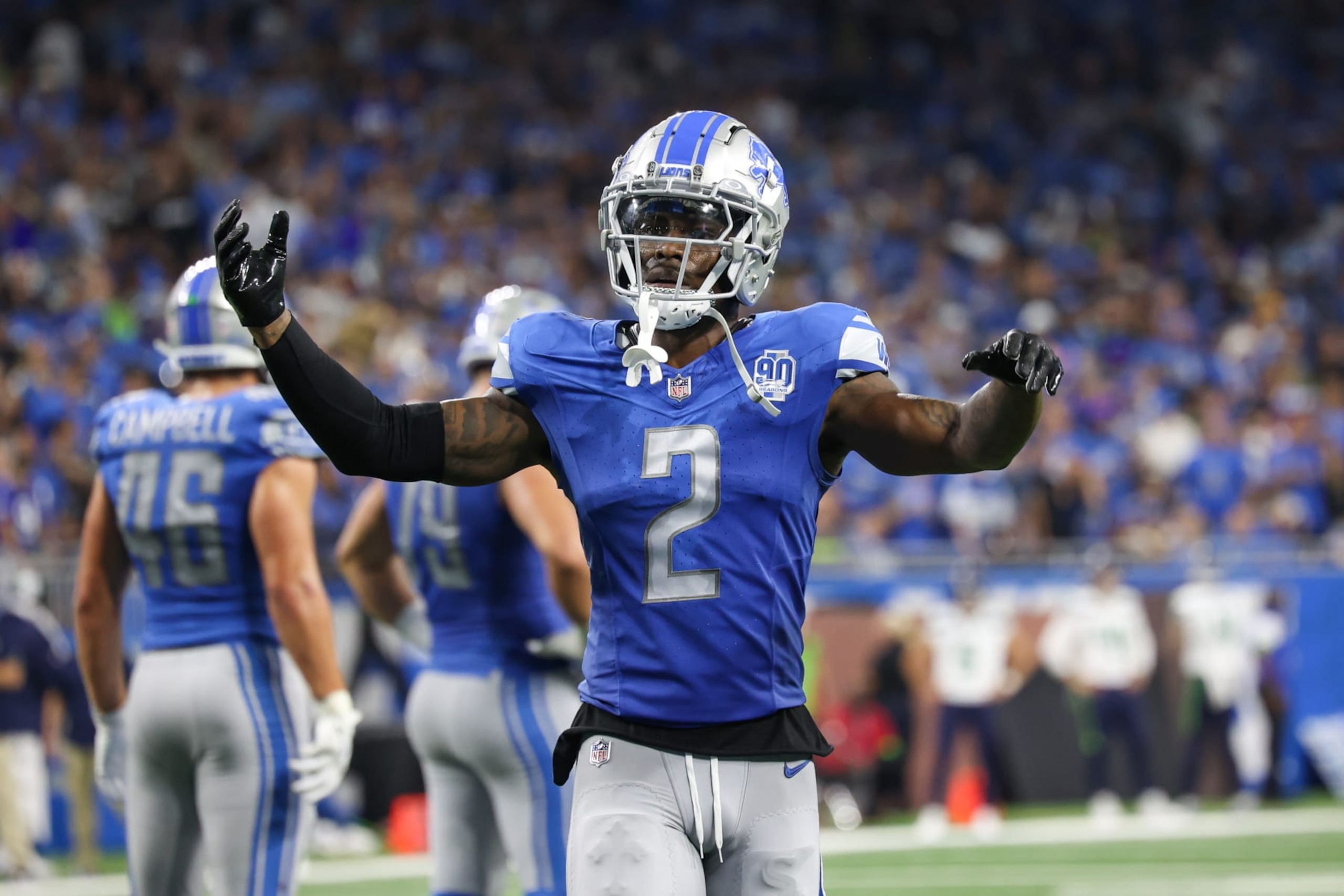 DETROIT, MI - SEPTEMBER 17:  Detroit Lions safety C.J. Gardner-Johnson (2) gestures to the crowd to get loud before a play during the fourth quarter of an NFL football game between the Seattle Seahawks and the Detroit Lions on September 17, 2023 at Ford Field in Detroit, Michigan.  (Photo by Scott W. Grau/Icon Sportswire via Getty Images)