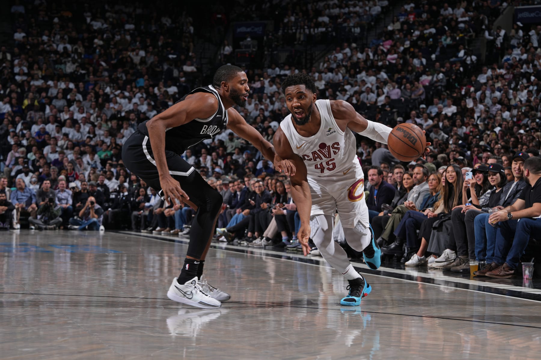 BROOKLYN, NY - OCTOBER 25: Donovan Mitchell #45 of the Cleveland Cavaliers dribbles the ball during the game against the Brooklyn Nets on October 25, 2023 at Barclays Center in Brooklyn, New York. NOTE TO USER: User expressly acknowledges and agrees that, by downloading and or using this Photograph, user is consenting to the terms and conditions of the Getty Images License Agreement. Mandatory Copyright Notice: Copyright 2023 NBAE (Photo by Jesse D. Garrabrant/NBAE via Getty Images)