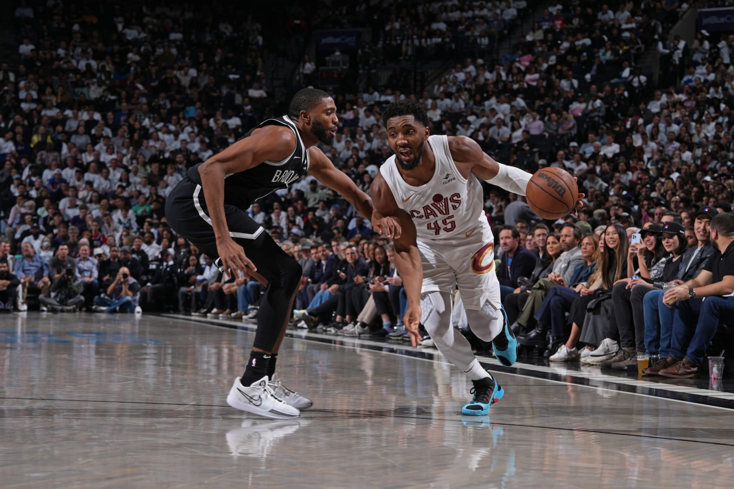 BROOKLYN, NY - OCTOBER 25: Donovan Mitchell #45 of the Cleveland Cavaliers dribbles the ball during the game against the Brooklyn Nets on October 25, 2023 at Barclays Center in Brooklyn, New York. NOTE TO USER: User expressly acknowledges and agrees that, by downloading and or using this Photograph, user is consenting to the terms and conditions of the Getty Images License Agreement. Mandatory Copyright Notice: Copyright 2023 NBAE (Photo by Jesse D. Garrabrant/NBAE via Getty Images)