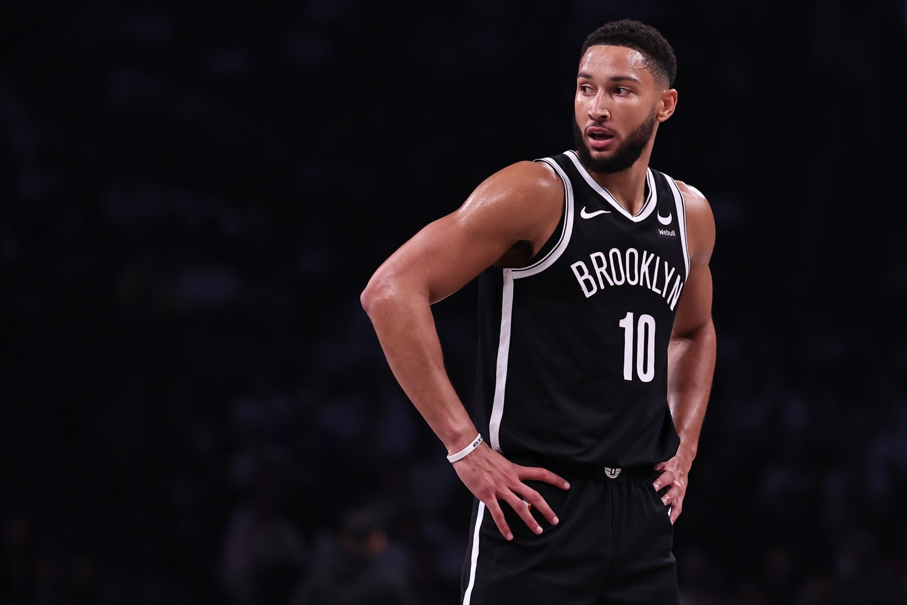 NEW YORK, NEW YORK - OCTOBER 25: Ben Simmons #10 of the Brooklyn Nets looks on during the first quarter of the game against the Cleveland Cavaliers at Barclays Center on October 25, 2023 in New York City. NOTE TO USER: User expressly acknowledges and agrees that, by downloading and or using this photograph, User is consenting to the terms and conditions of the Getty Images License Agreement. (Photo by Dustin Satloff/Getty Images)