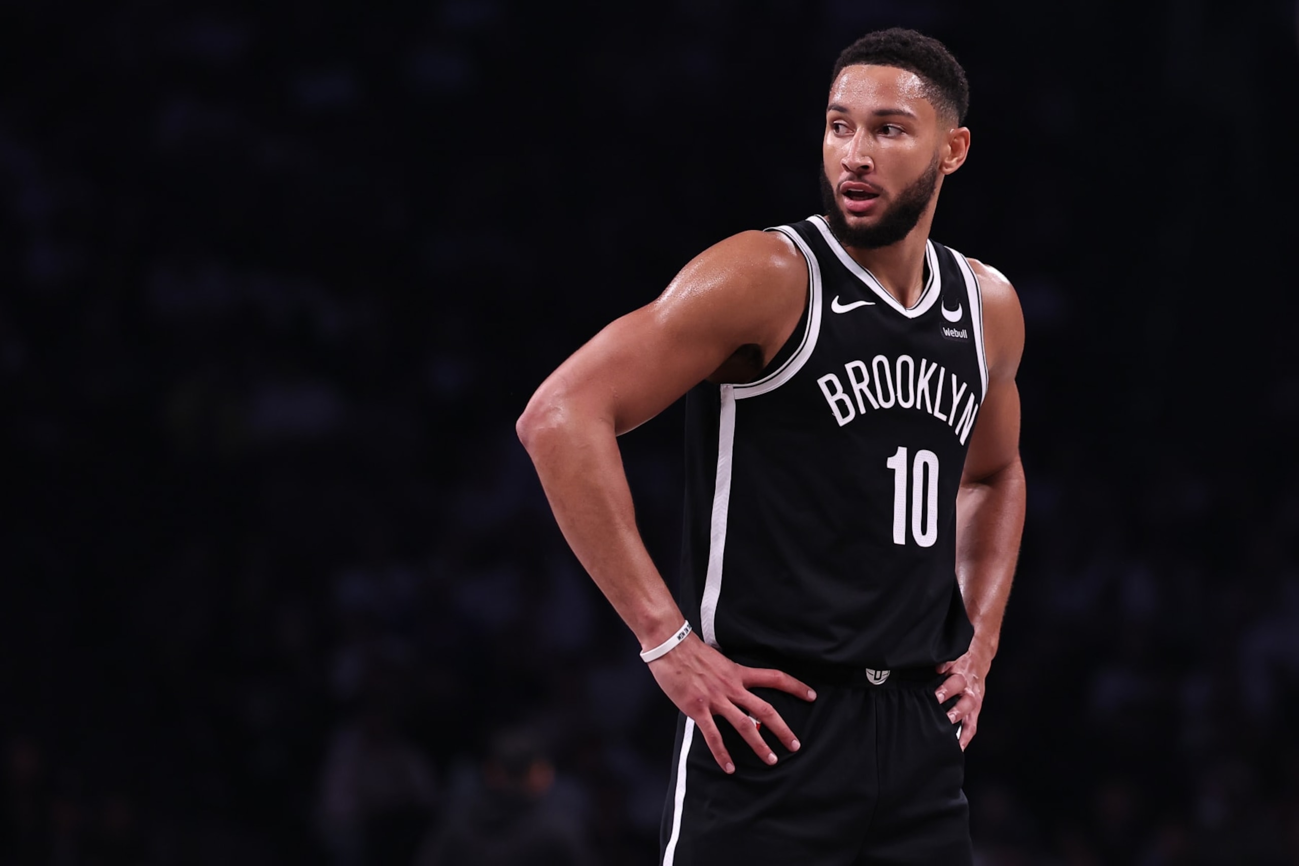 NEW YORK, NEW YORK - OCTOBER 25: Ben Simmons #10 of the Brooklyn Nets looks on during the first quarter of the game against the Cleveland Cavaliers at Barclays Center on October 25, 2023 in New York City. NOTE TO USER: User expressly acknowledges and agrees that, by downloading and or using this photograph, User is consenting to the terms and conditions of the Getty Images License Agreement. (Photo by Dustin Satloff/Getty Images)