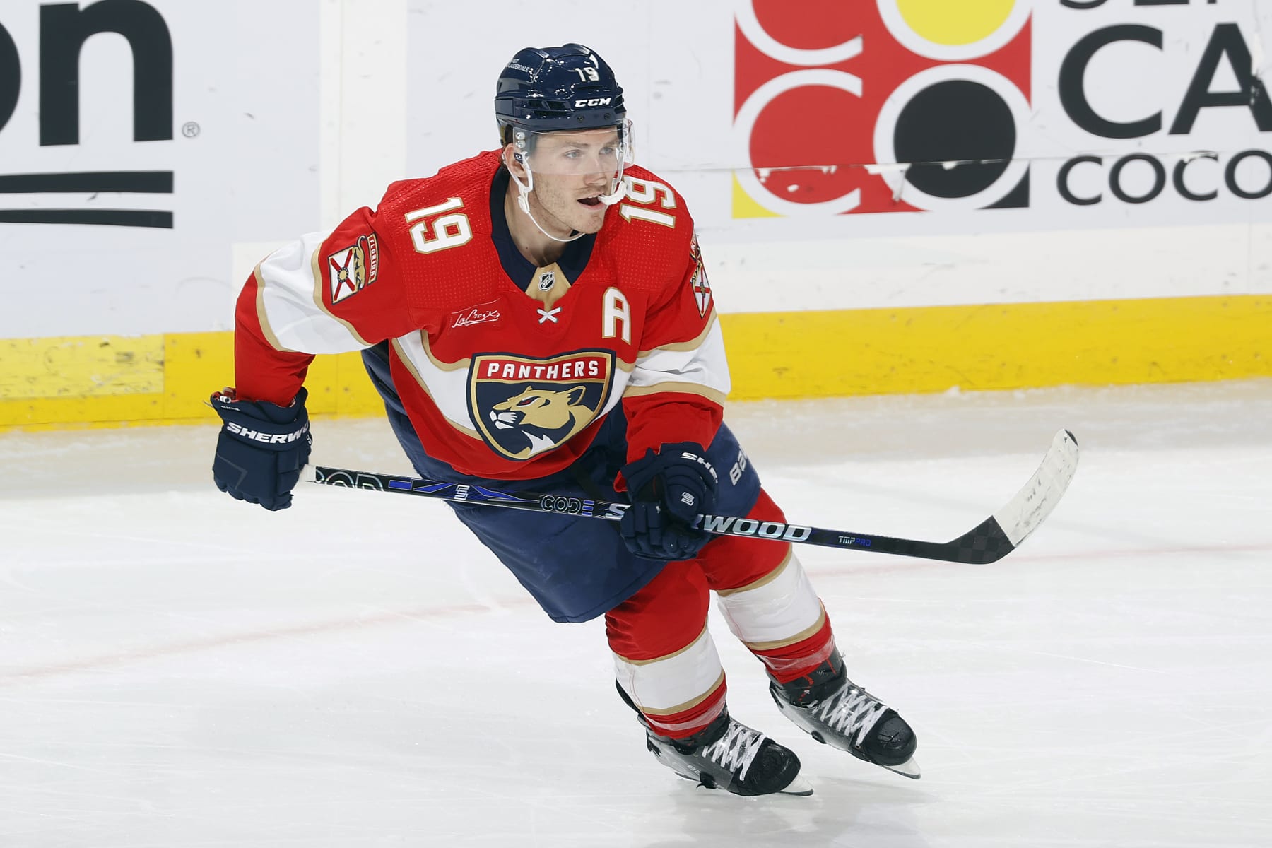 SUNRISE, FL - OCTOBER 24: Matthew Tkachuk #19 of the Florida Panthers skates against the San Jose Sharks at the Amerant Bank Arena on October 24, 2023 in Sunrise, Florida. (Photo by Joel Auerbach/Getty Images)
