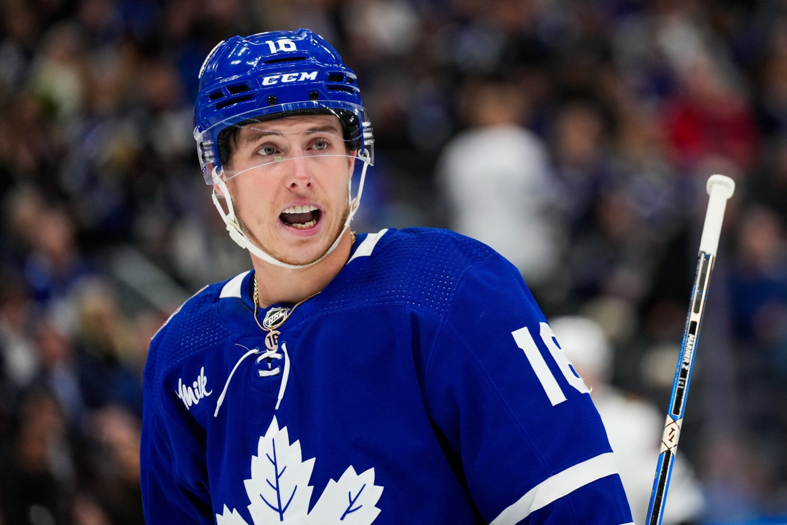 TORONTO, ON - OCTOBER 16: Mitchell Marner #16 of the Toronto Maple Leafs looks on against the Chicago Blackhawks during the third period at the Scotiabank Arena on October 16, 2023 in Toronto, Ontario, Canada. (Photo by Kevin Sousa/NHLI via Getty Images)