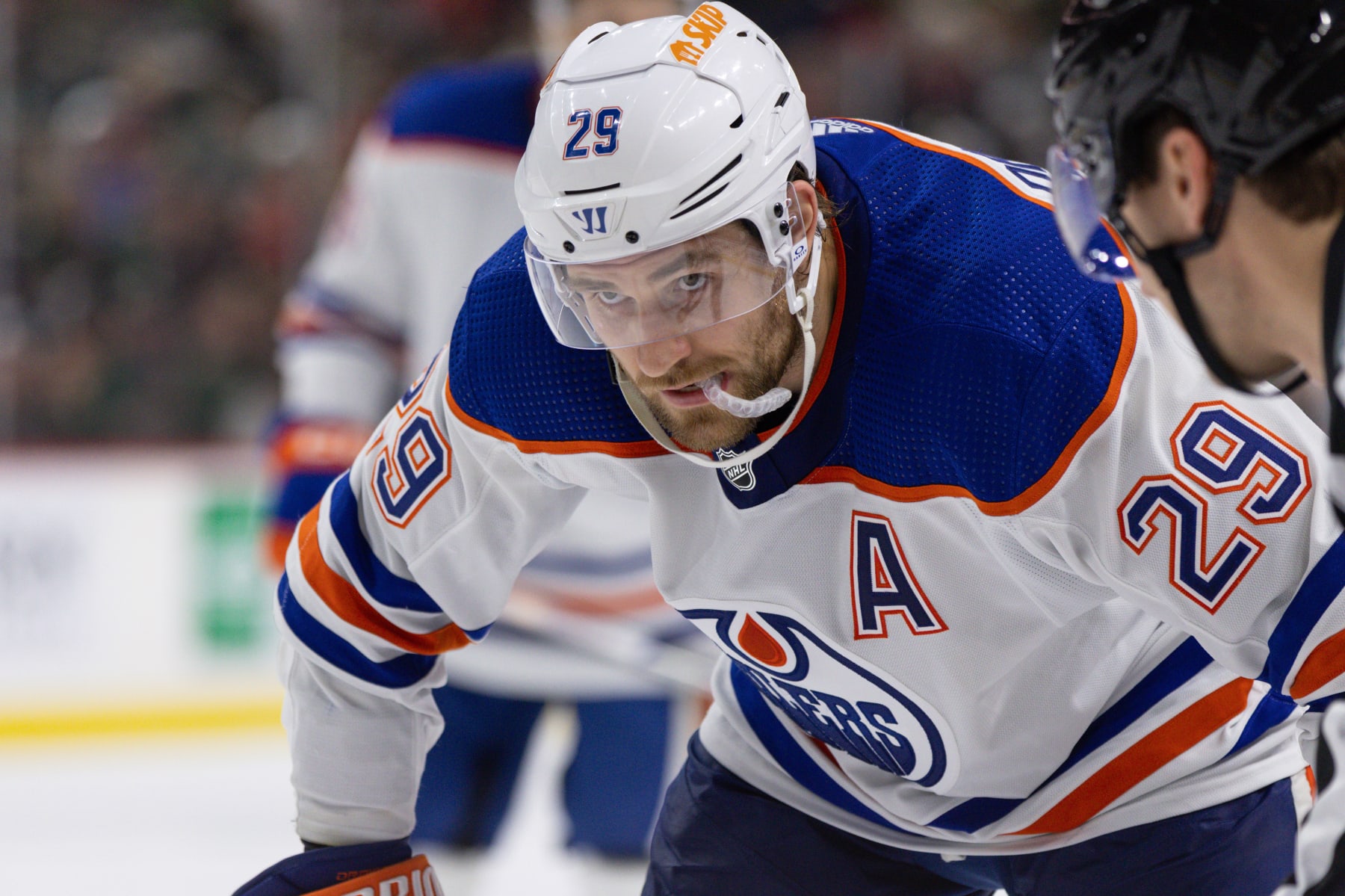 SAINT PAUL, MN - OCTOBER 24: Edmonton Oilers center Leon Draisaitl (29) lines up for a faceoff during the NHL game between the Edmonton Oilers and Minnesota Wild on October 24th, 2023, at the Xcel Energy Center in Saint Paul, MN. (Photo by Bailey Hillesheim/Icon Sportswire via Getty Images)