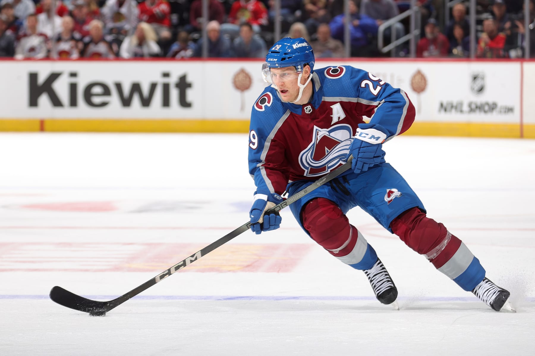 DENVER, COLORADO - OCTOBER 19: Nathan MacKinnon #29 of the Colorado Avalanche skates during a game against the Chicago Blackhawks at Ball Arena on October 19, 2023 in Denver, Colorado. (Photo by Michael Martin/NHLI via Getty Images)