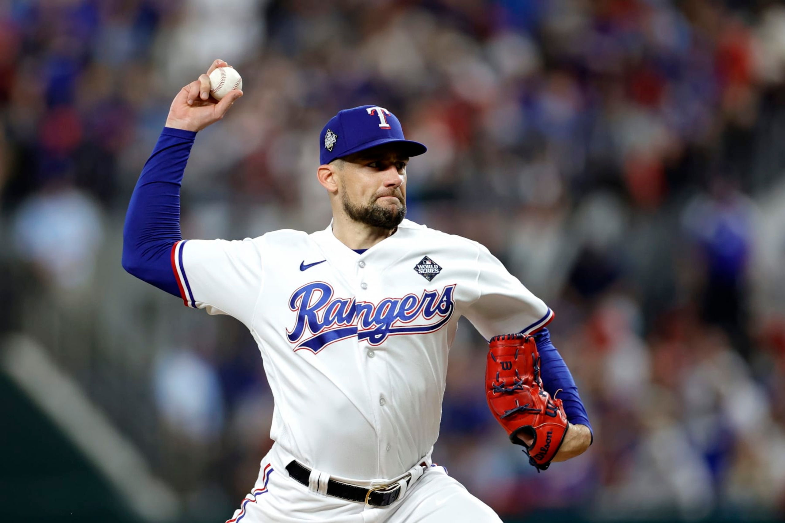 ARLINGTON, TEXAS - OCTOBER 27: Nathan Eovaldi #17 of the Texas Rangers pitches in the first inning against the Arizona Diamondbacks during Game One of the World Series at Globe Life Field on October 27, 2023 in Arlington, Texas. (Photo by Carmen Mandato/Getty Images)