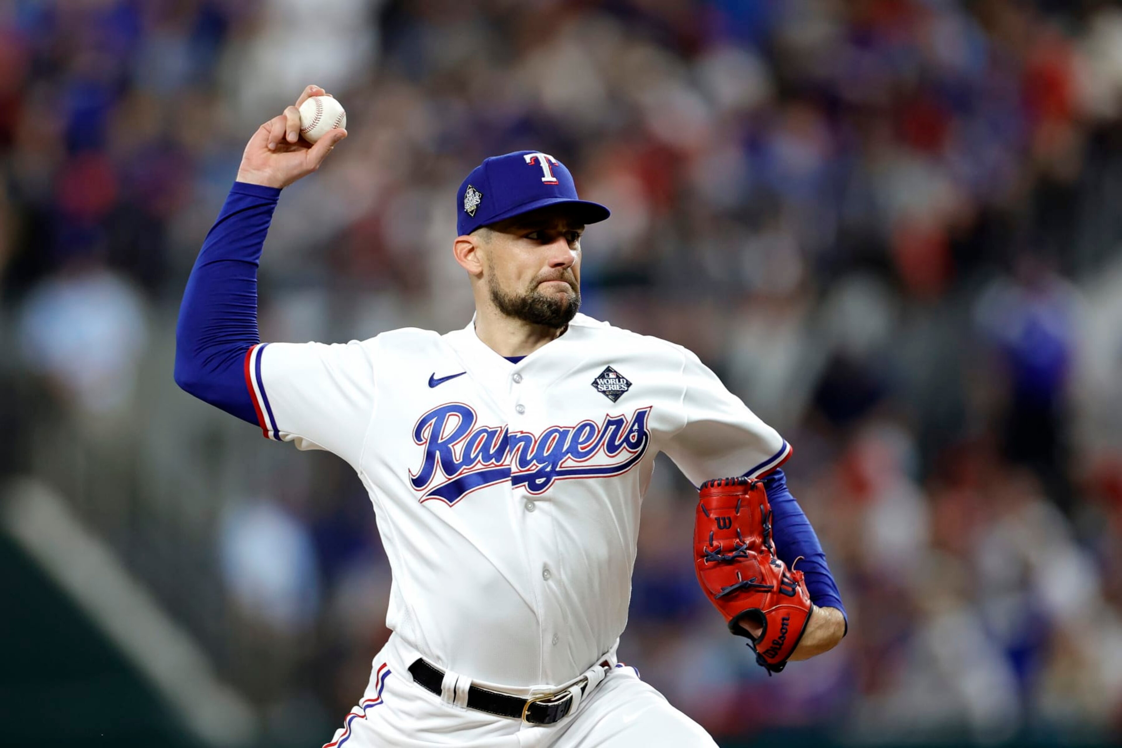 ARLINGTON, TEXAS - OCTOBER 27: Nathan Eovaldi #17 of the Texas Rangers pitches in the first inning against the Arizona Diamondbacks during Game One of the World Series at Globe Life Field on October 27, 2023 in Arlington, Texas. (Photo by Carmen Mandato/Getty Images)
