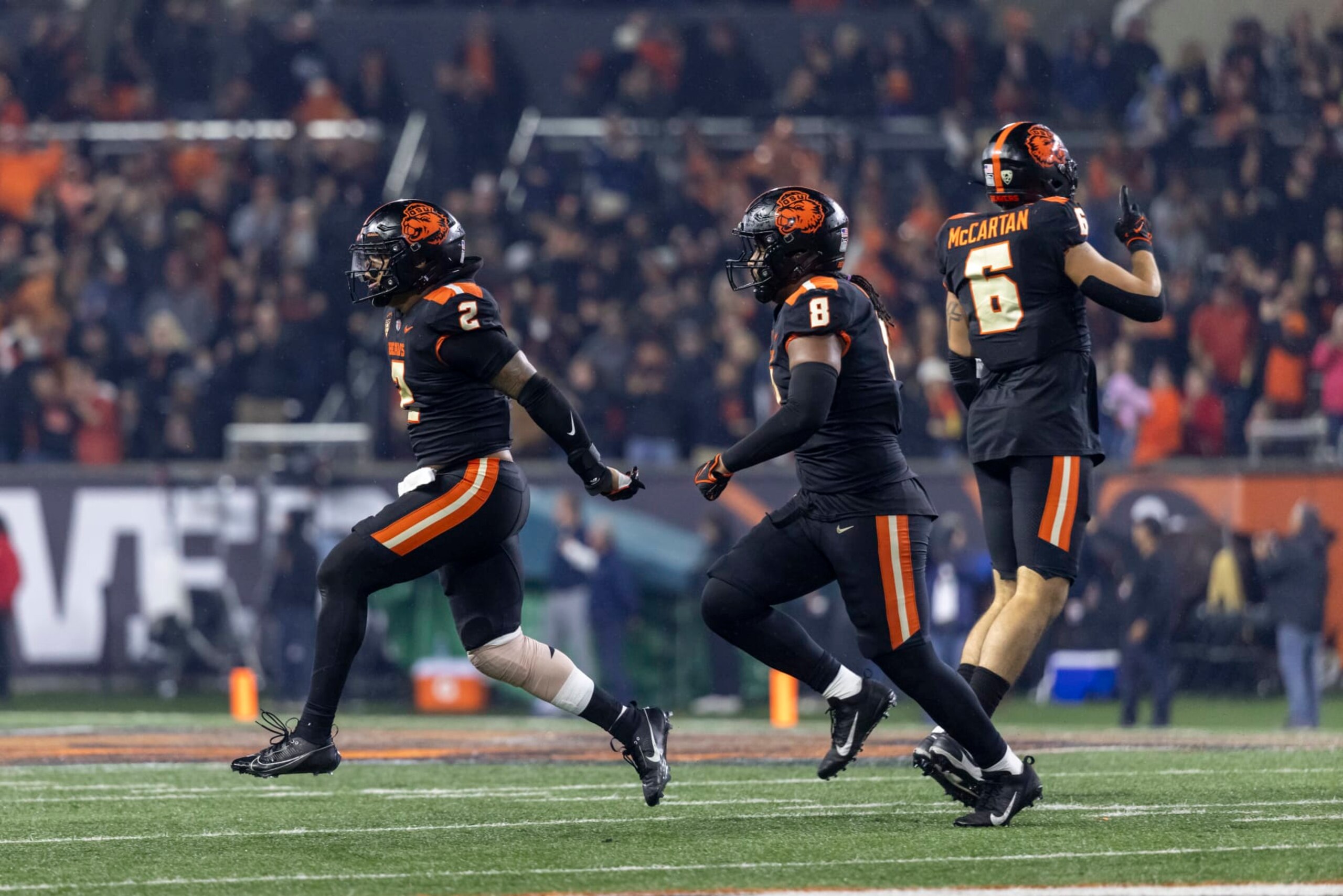 CORVALLIS, OREGON - OCTOBER 14: Linebacker Calvin Hart Jr. #2 of the Oregon State Beavers celebrates against the UCLA Bruins at Reser Stadium on October 14, 2023 in Corvallis, Oregon. (Photo by Tom Hauck/Getty Images)