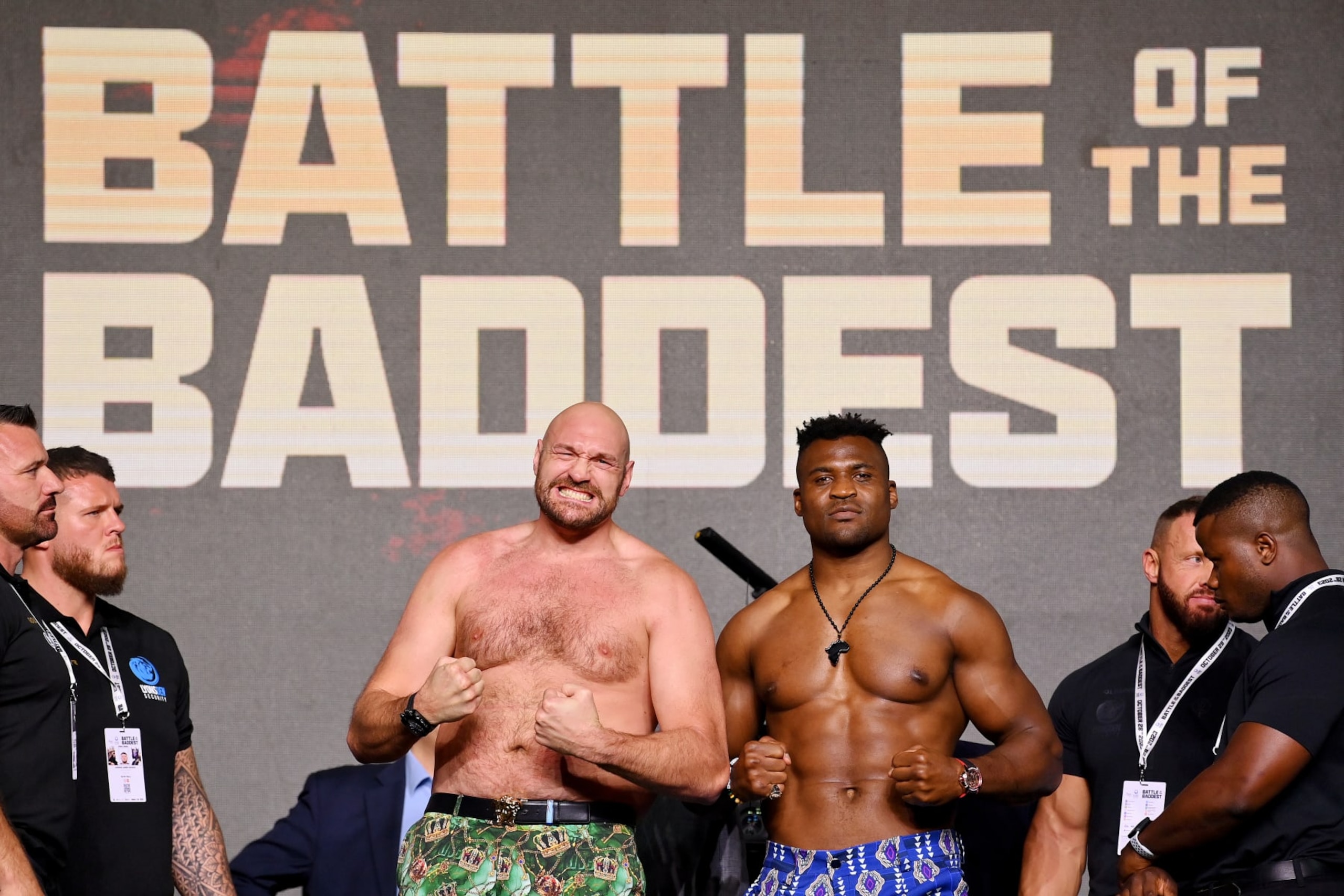 RIYADH, SAUDI ARABIA - OCTOBER 26: Tyson Fury and Francis Ngannou react in the face off during a press conference ahead of the Tyson Fury v Francis Ngannou boxing match at Boulevard Hall on October 26, 2023 in Riyadh, Saudi Arabia. (Photo by Justin Setterfield/Getty Images)