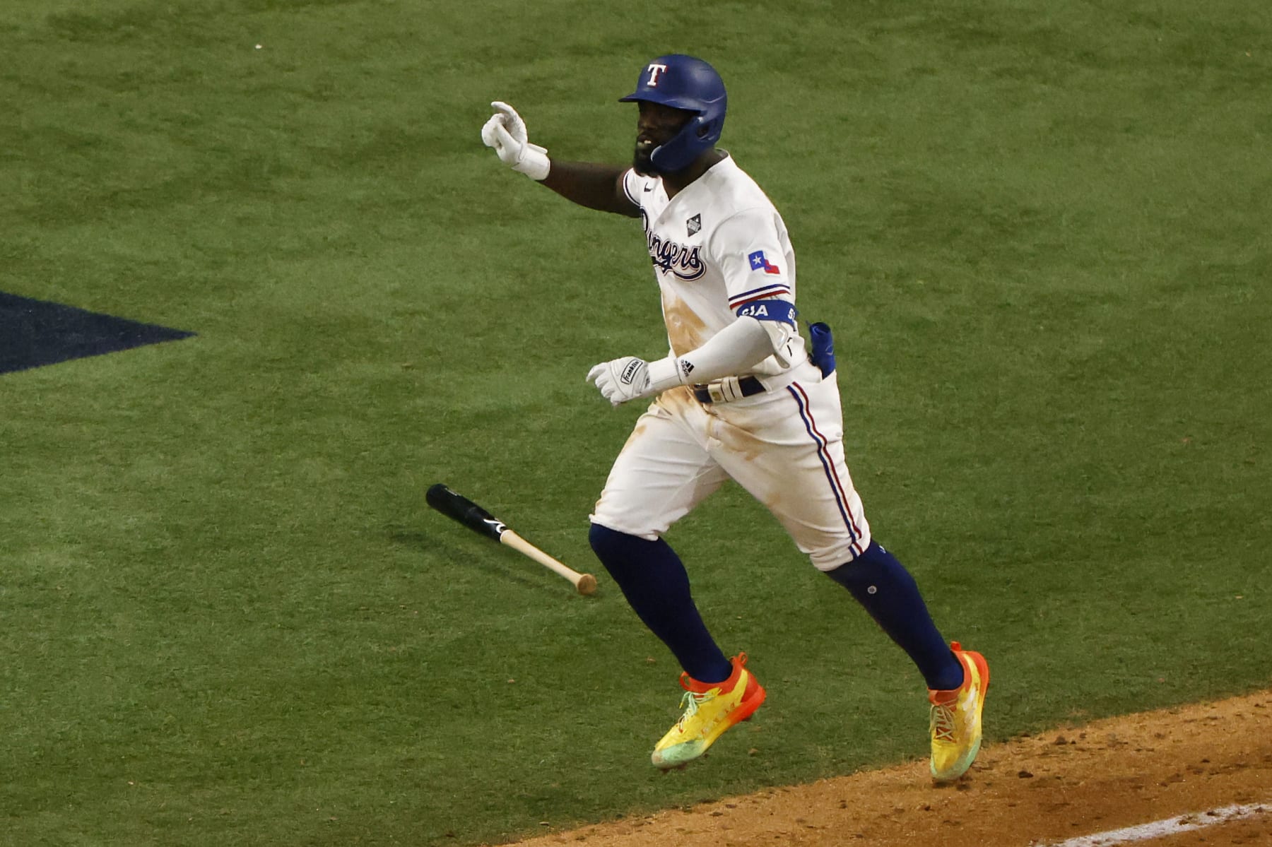 ARLINGTON, TX - OCTOBER 27:  Adolis García #53 of the Texas Rangers rounds the bases after hitting a walk-off home run in the 11th inning during Game 1 of the 2023 World Series between the Arizona Diamondbacks and the Texas Rangers at Globe Life Field on Friday, October 27, 2023 in Arlington, Texas. (Photo by Ron Jenkins/MLB Photos via Getty Images)