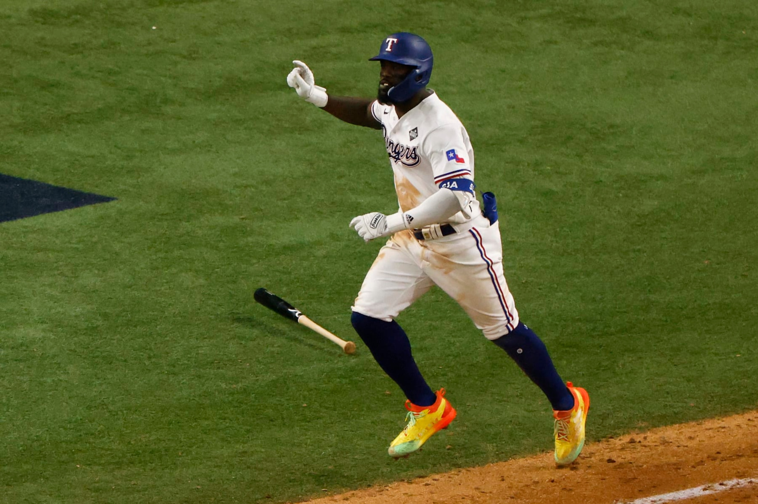 ARLINGTON, TX - OCTOBER 27: Adolis García #53 of the Texas Rangers rounds the bases after hitting a walk-off home run in the 11th inning during Game 1 of the 2023 World Series between the Arizona Diamondbacks and the Texas Rangers at Globe Life Field on Friday, October 27, 2023 in Arlington, Texas. (Photo by Ron Jenkins/MLB Photos via Getty Images) ARLINGTON, TX - OCTOBER 27: Adolis García #53 of the Texas Rangers rounds the bases after hitting a walk-off home run in the 11th inning during Game 1 of the 2023 World Series between the Arizona Diamondbacks and the Texas Rangers at Globe Life Field on Friday, October 27, 2023 in Arlington, Texas. (Photo by Ron Jenkins/MLB Photos via Getty Images)