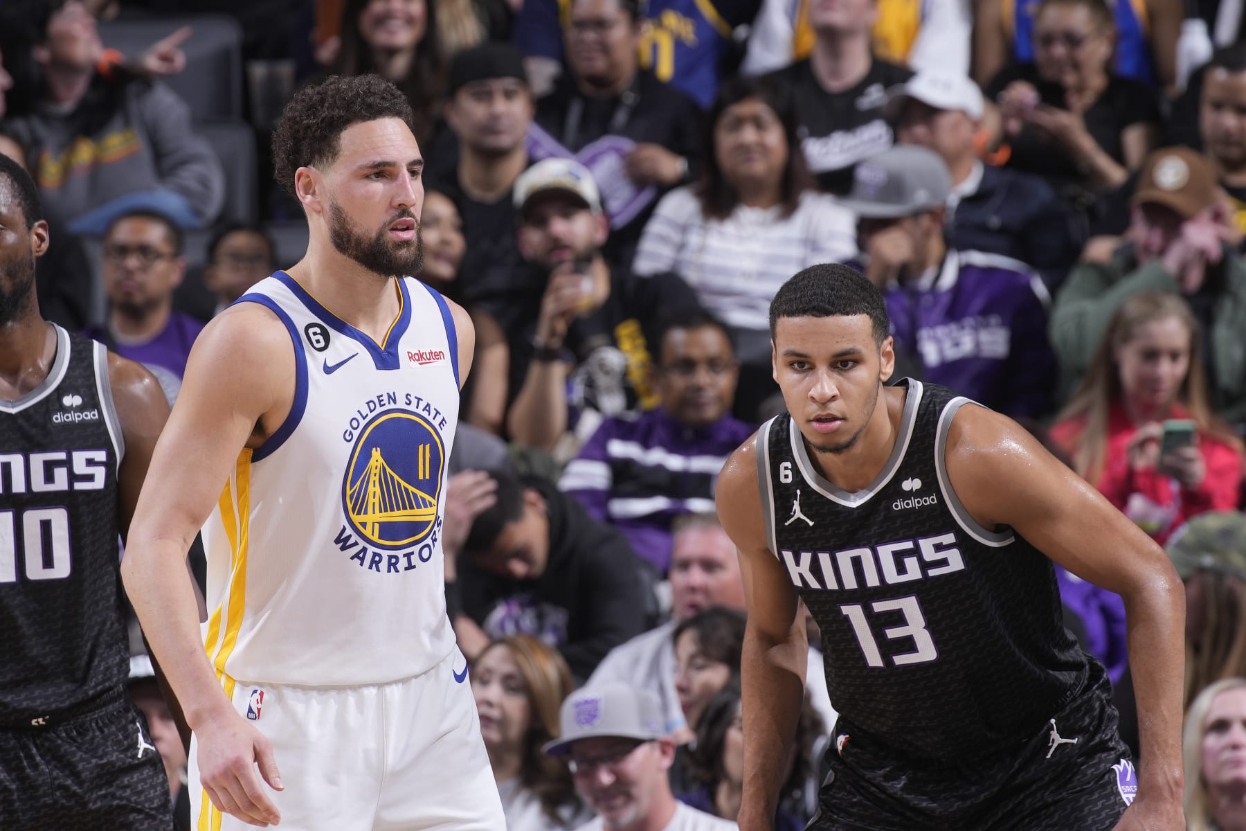 SACRAMENTO, CA - APRIL 7: Klay Thompson #11 of the Golden State Warriors and Keegan Murray #13 of the Sacramento Kings look on during the game on April 7, 2023 at Golden 1 Center in Sacramento, California. NOTE TO USER: User expressly acknowledges and agrees that, by downloading and or using this photograph, User is consenting to the terms and conditions of the Getty Images Agreement. Mandatory Copyright Notice: Copyright 2023 NBAE (Photo by Rocky Widner/NBAE via Getty Images) SACRAMENTO, CA - APRIL 7: Klay Thompson #11 of the Golden State Warriors and Keegan Murray #13 of the Sacramento Kings look on during the game on April 7, 2023 at Golden 1 Center in Sacramento, California. NOTE TO USER: User expressly acknowledges and agrees that, by downloading and or using this photograph, User is consenting to the terms and conditions of the Getty Images Agreement. Mandatory Copyright Notice: Copyright 2023 NBAE (Photo by Rocky Widner/NBAE via Getty Images)