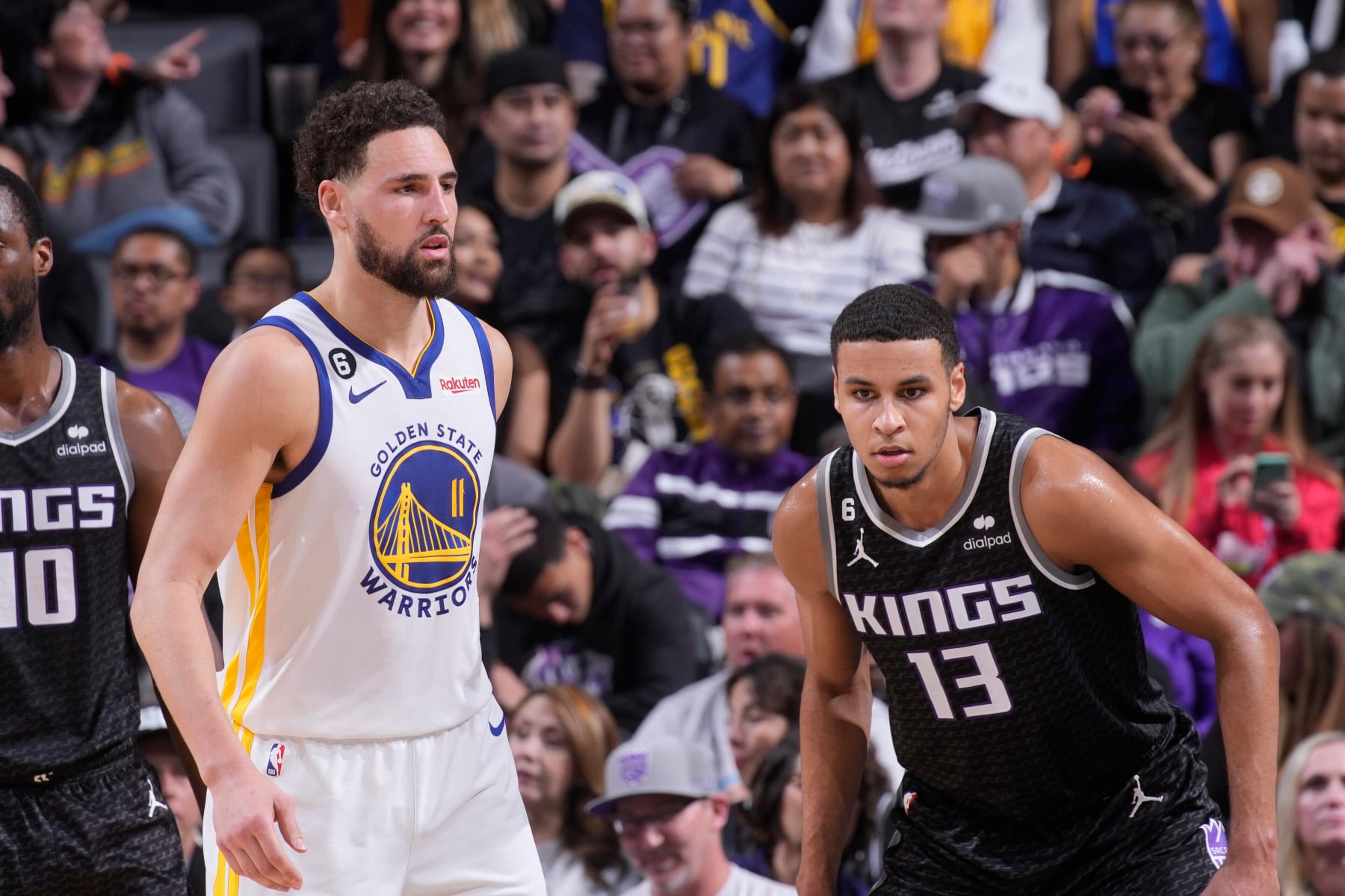 SACRAMENTO, CA - APRIL 7: Klay Thompson #11 of the Golden State Warriors and Keegan Murray #13 of the Sacramento Kings look on during the game on April 7, 2023 at Golden 1 Center in Sacramento, California. NOTE TO USER: User expressly acknowledges and agrees that, by downloading and or using this photograph, User is consenting to the terms and conditions of the Getty Images Agreement. Mandatory Copyright Notice: Copyright 2023 NBAE (Photo by Rocky Widner/NBAE via Getty Images) SACRAMENTO, CA - APRIL 7: Klay Thompson #11 of the Golden State Warriors and Keegan Murray #13 of the Sacramento Kings look on during the game on April 7, 2023 at Golden 1 Center in Sacramento, California. NOTE TO USER: User expressly acknowledges and agrees that, by downloading and or using this photograph, User is consenting to the terms and conditions of the Getty Images Agreement. Mandatory Copyright Notice: Copyright 2023 NBAE (Photo by Rocky Widner/NBAE via Getty Images)