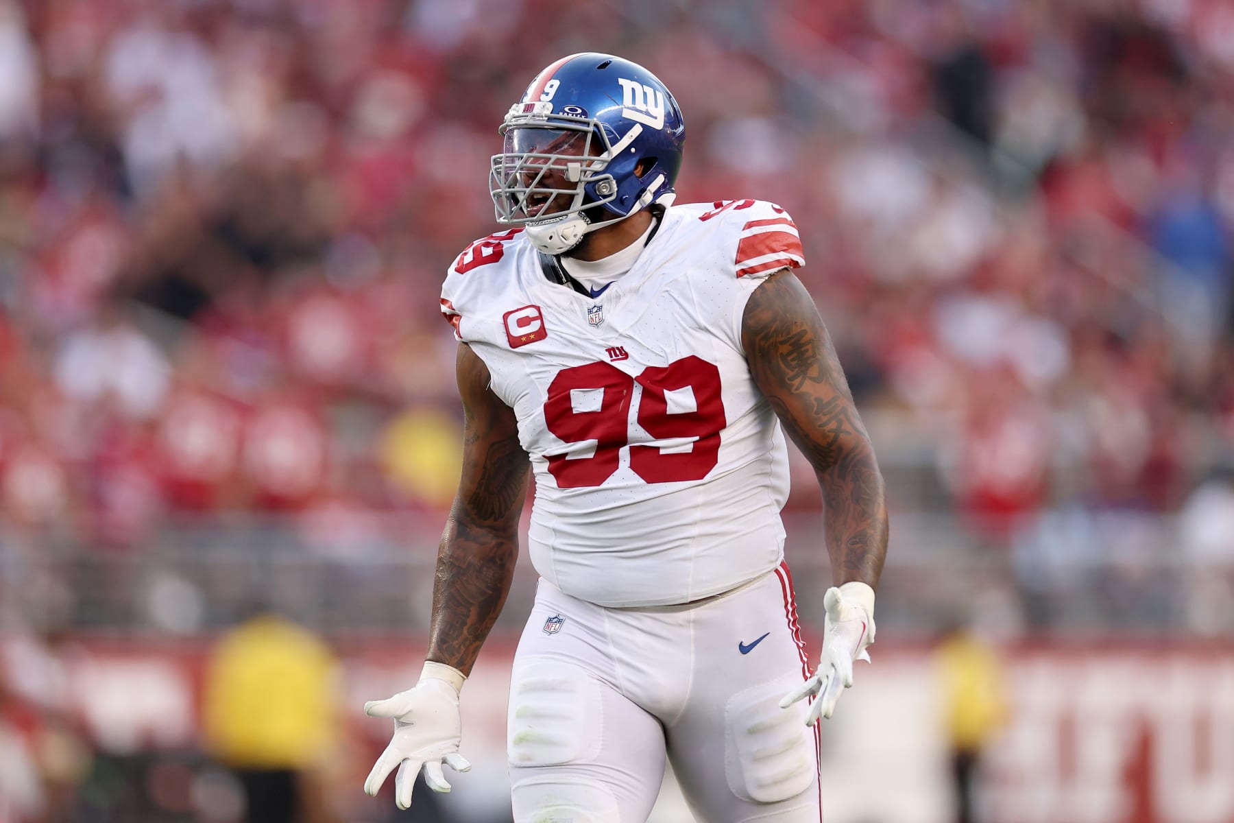 SANTA CLARA, CALIFORNIA - SEPTEMBER 21: Leonard Williams #99 of the New York Giants reacts after a roughing the passer penalty against the San Francisco 49ers during the second quarter in the game at Levi's Stadium on September 21, 2023 in Santa Clara, California. (Photo by Ezra Shaw/Getty Images)