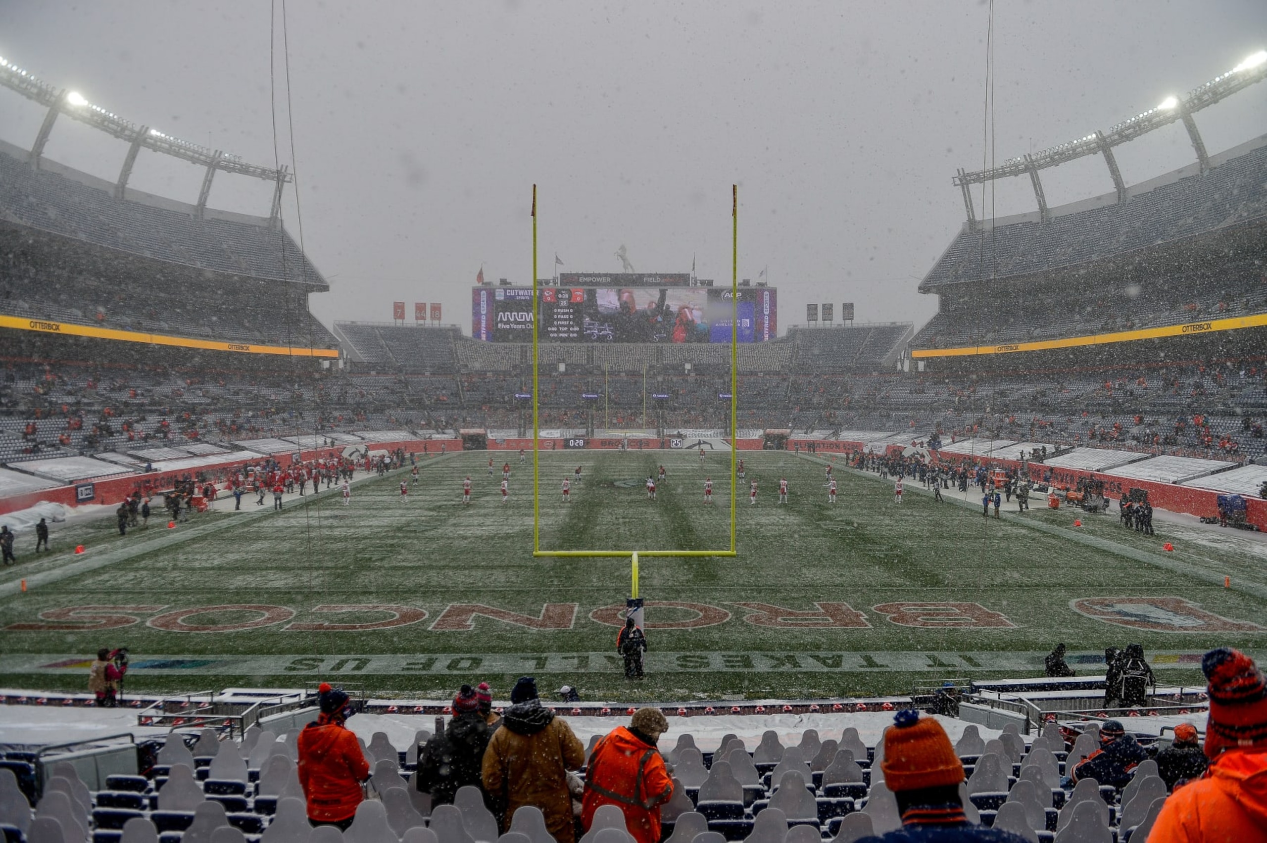 DENVER, CO - OCTOBER 25:  Snow falls as the Denver Broncos host the Kansas City Chiefs during a game at Empower Field at Mile High on October 25, 2020 in Denver, Colorado. (Photo by Dustin Bradford/Getty Images)