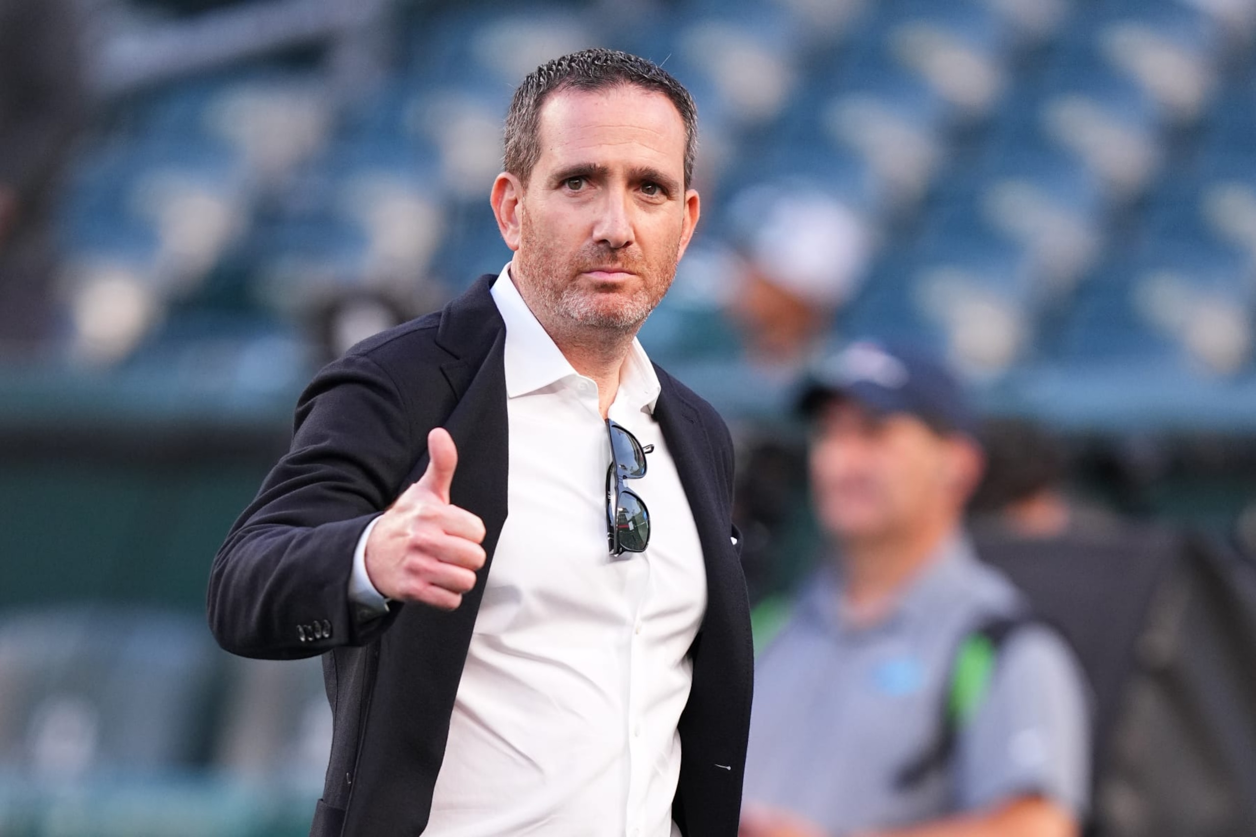 PHILADELPHIA, PENNSYLVANIA - SEPTEMBER 14: General manager Howie Roseman of the Philadelphia Eagles gives a thumbs up prior to the game between the Minnesota Vikings and the Philadelphia Eagles at Lincoln Financial Field on September 14, 2023 in Philadelphia, Pennsylvania. (Photo by Mitchell Leff/Getty Images)